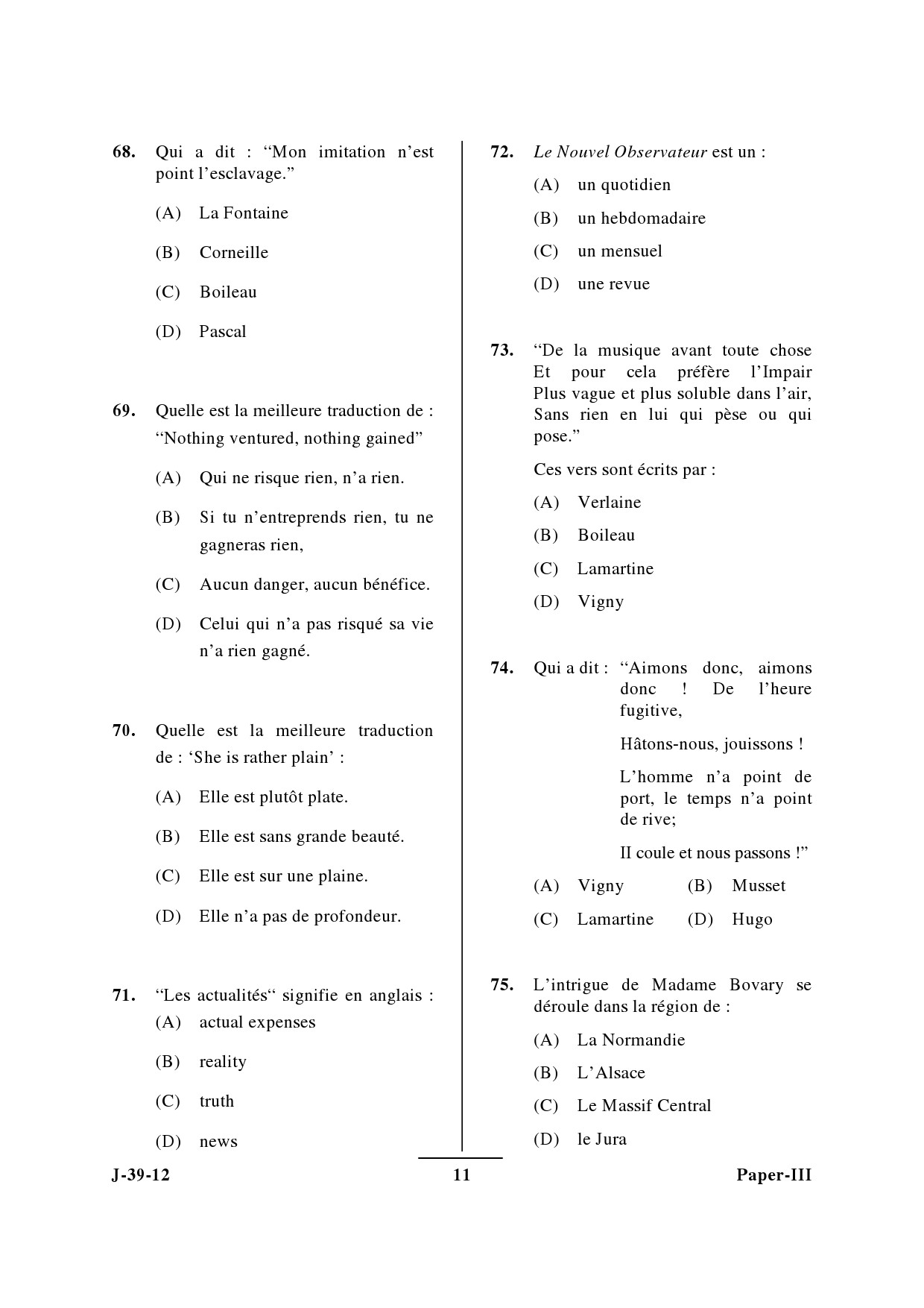 UGC NET French Question Paper III June 2012 11