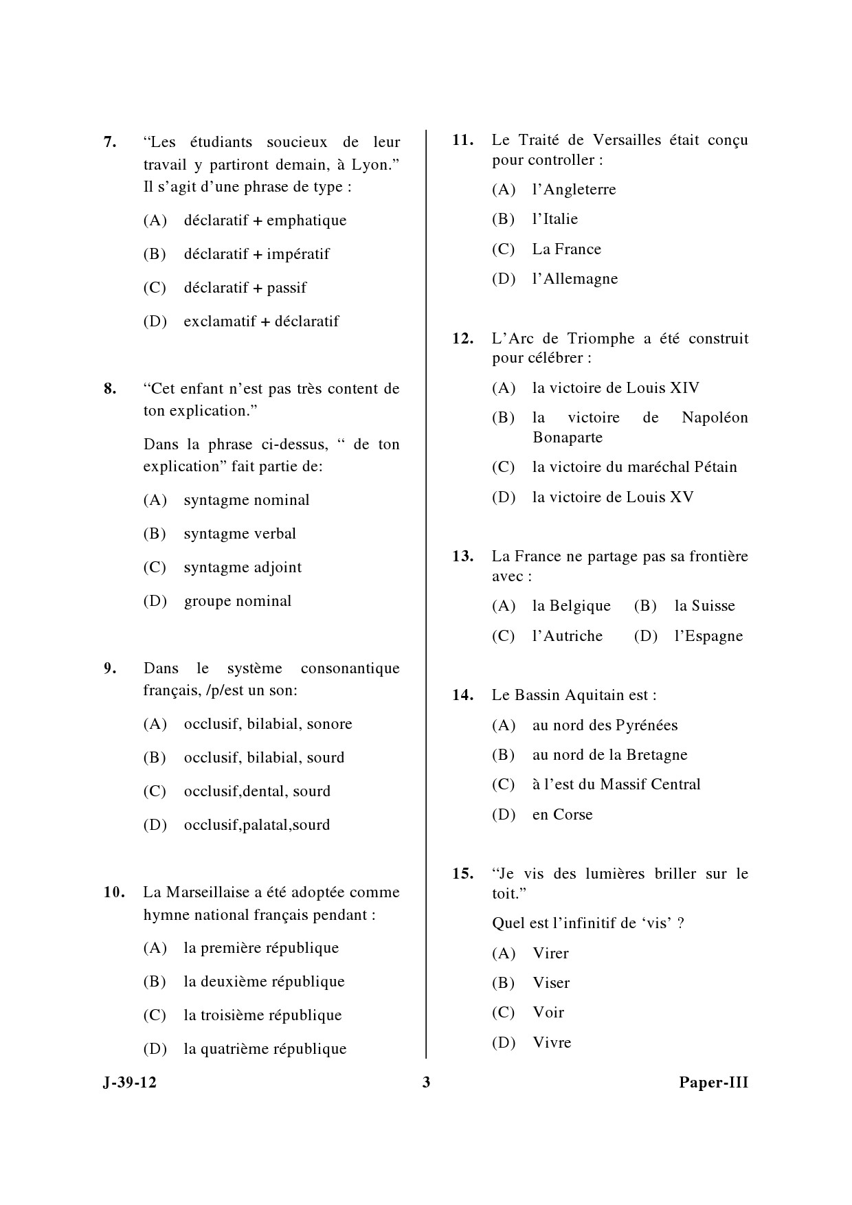 UGC NET French Question Paper III June 2012 3