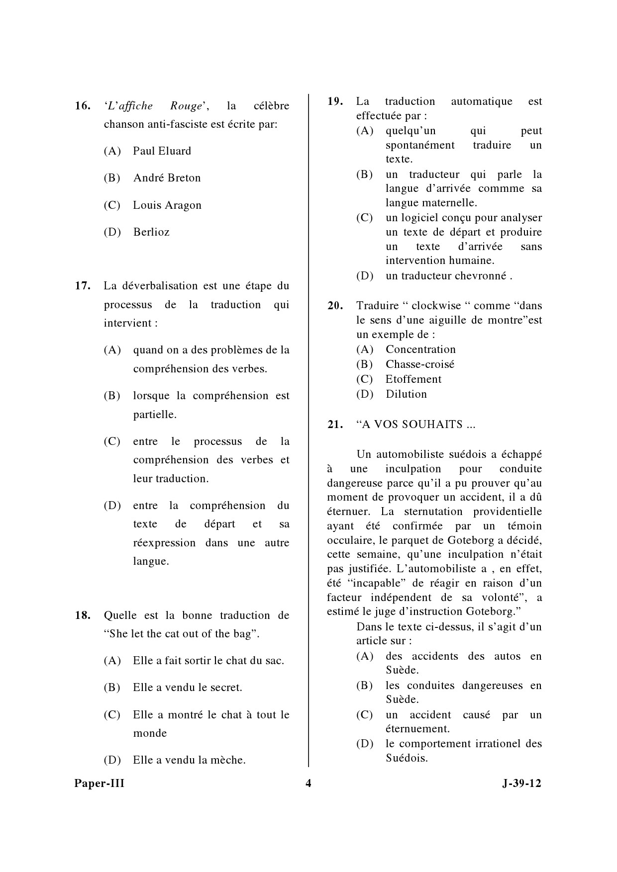 UGC NET French Question Paper III June 2012 4