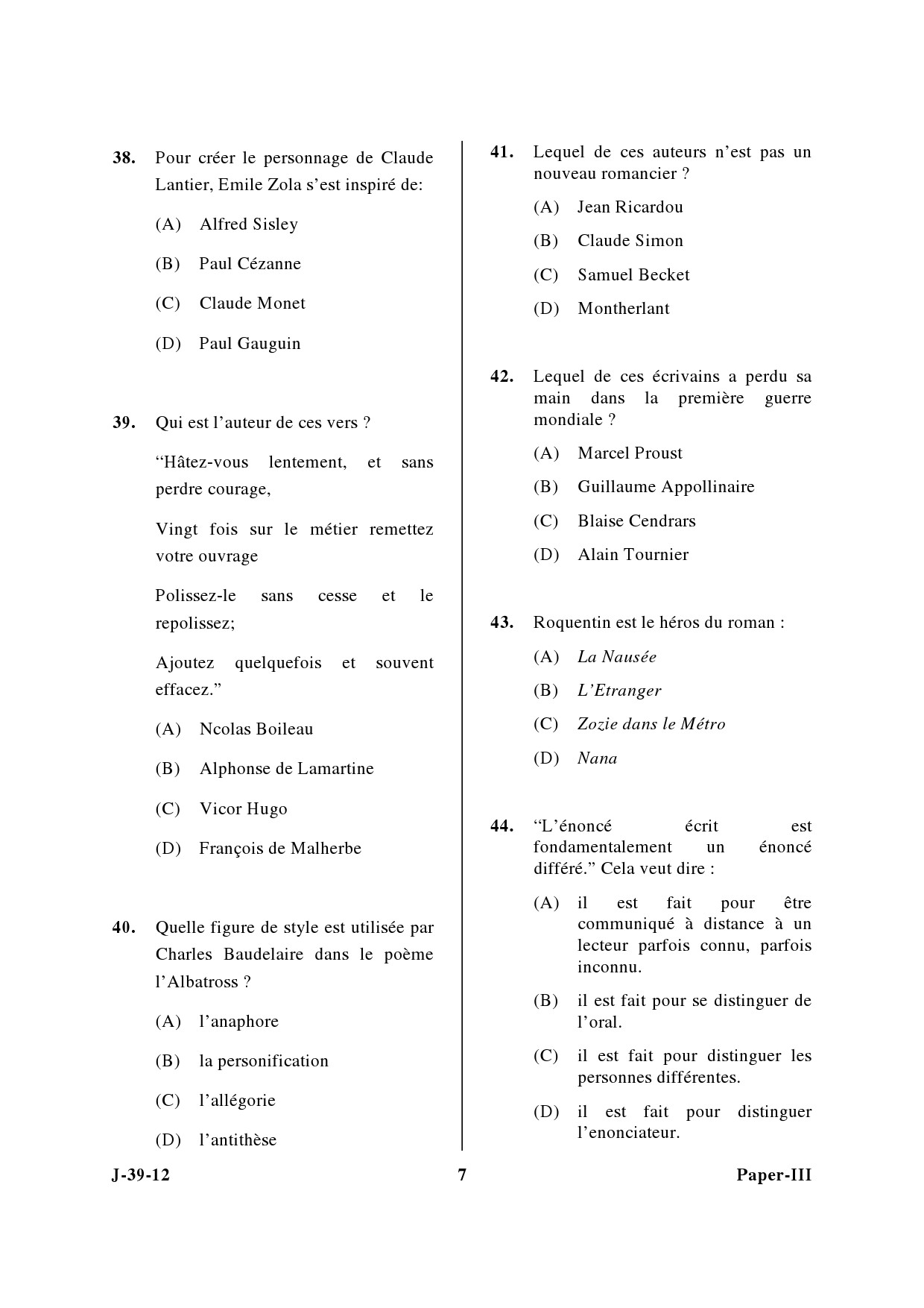 UGC NET French Question Paper III June 2012 7