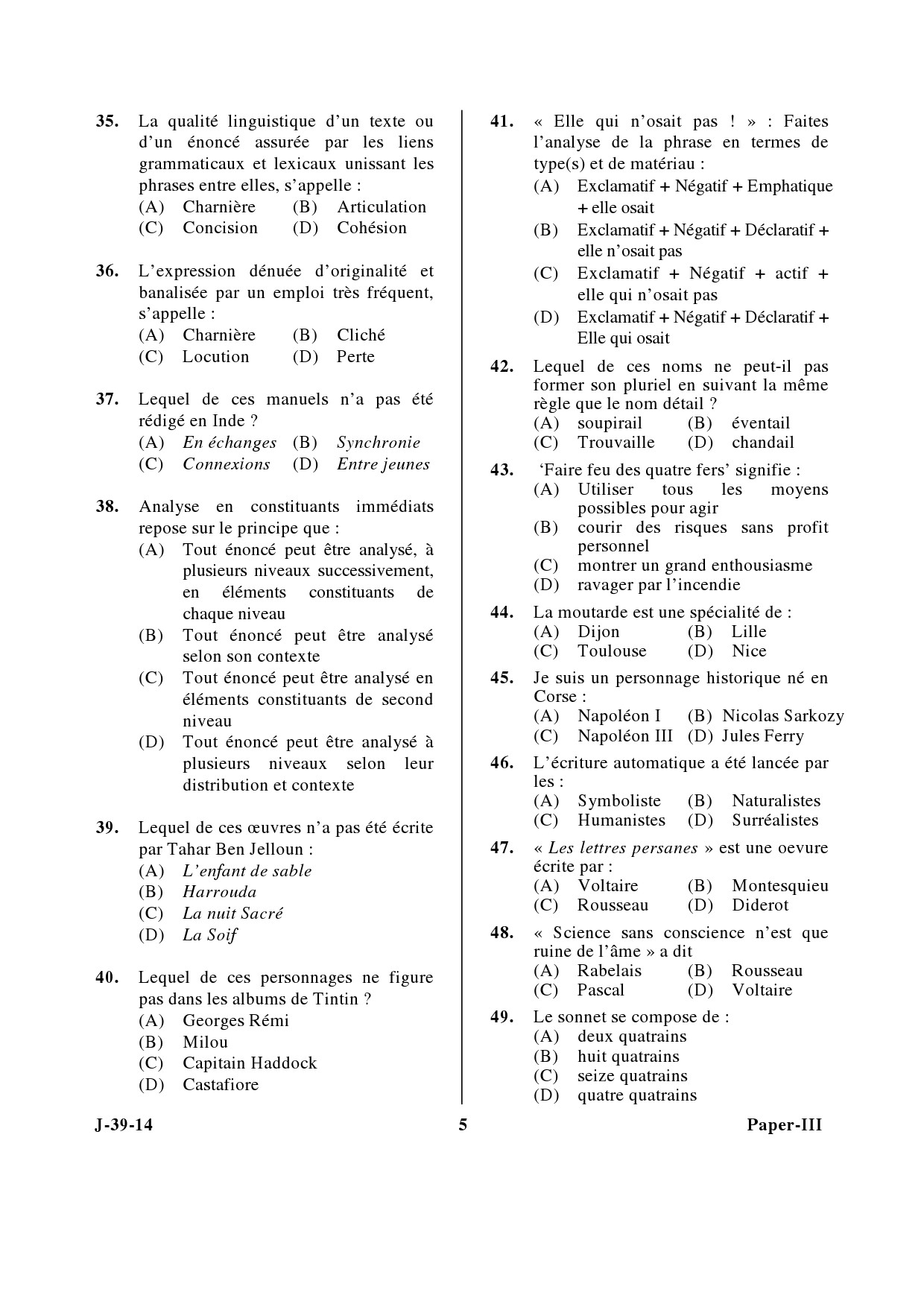 UGC NET French Question Paper III June 2014 5