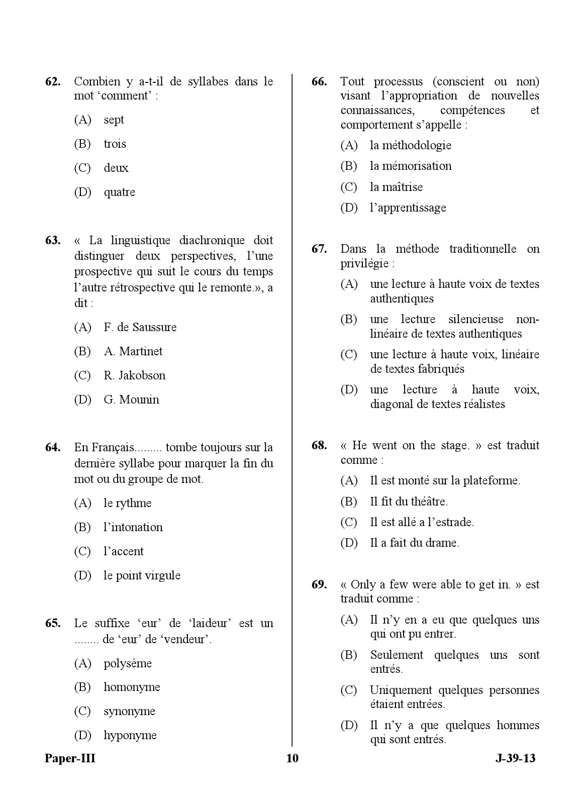 UGC NET French Question Paper III Set 2 June 2013 10