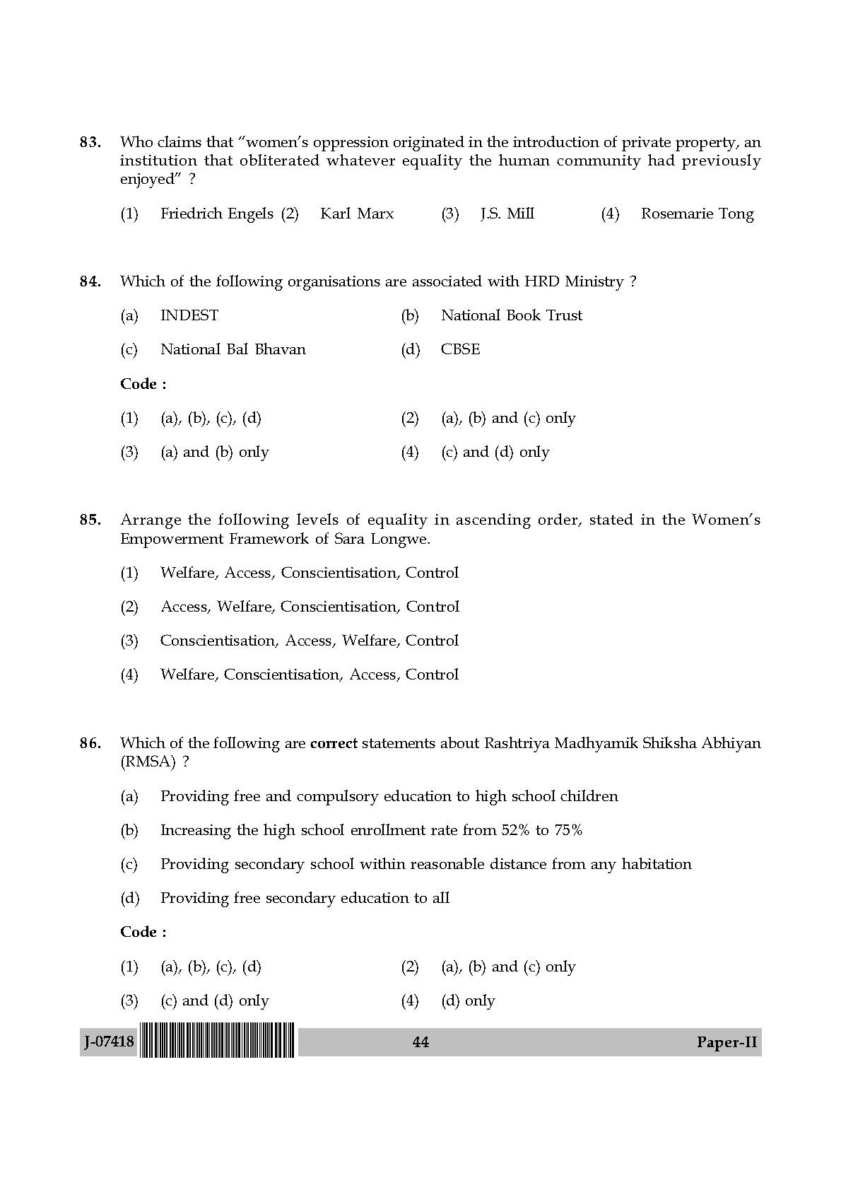 Women Studies Question Paper II July 2018 in English 23