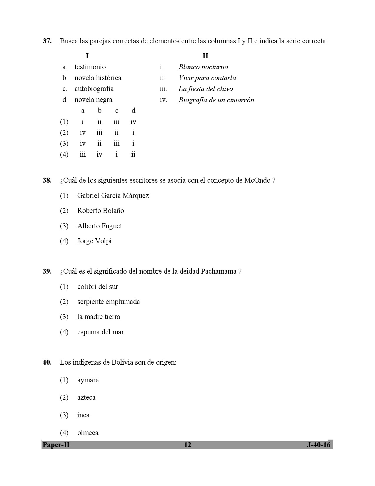 UGC NET Spanish Question Paper II July 2016 12