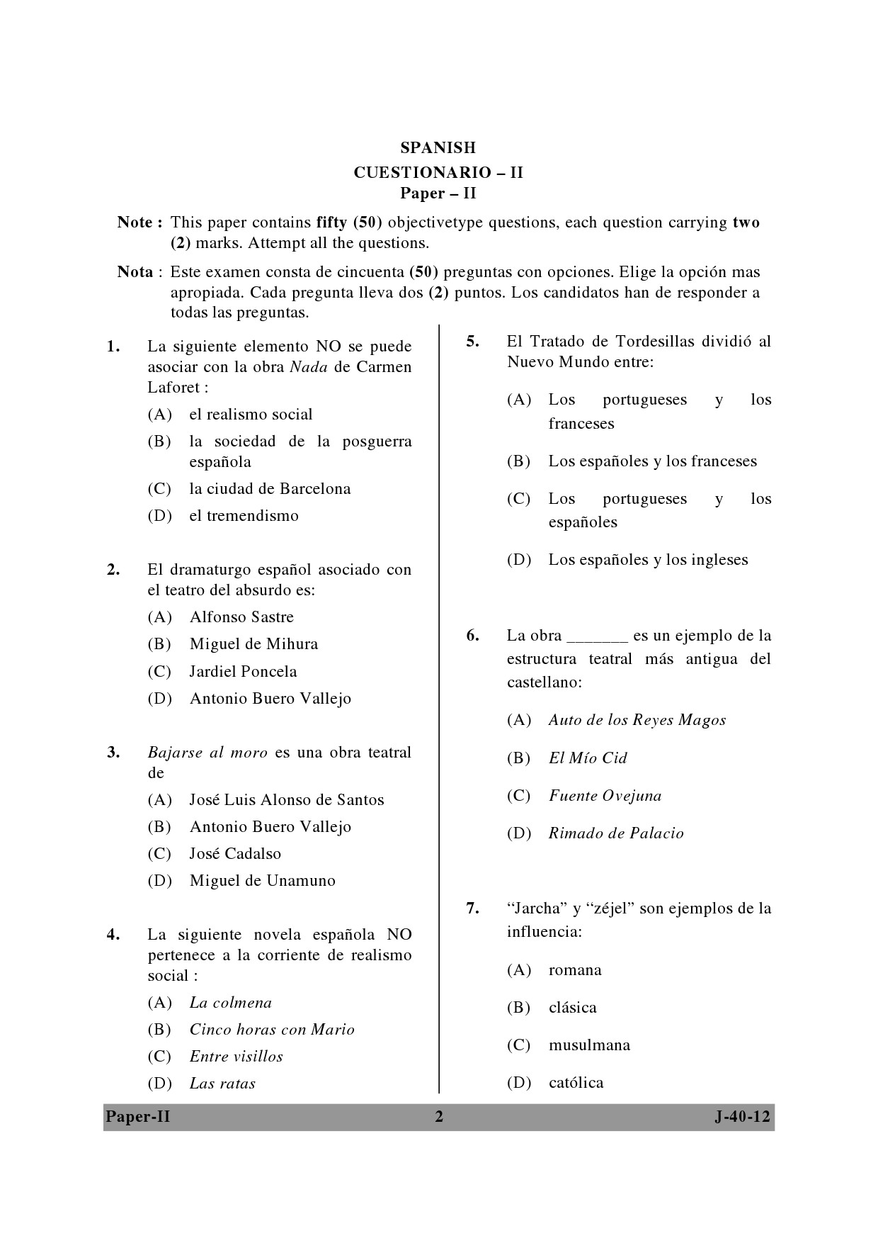 UGC NET Spanish Question Paper II June 2012 2