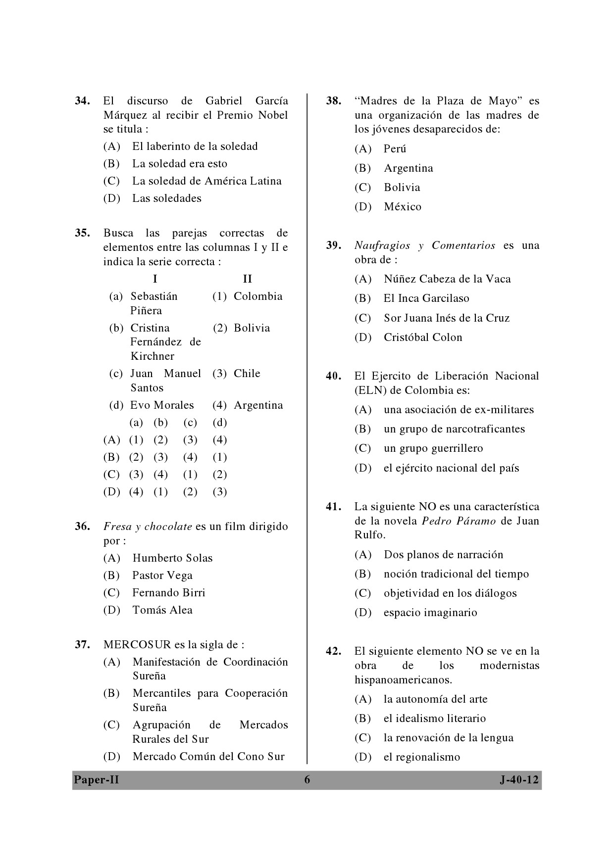 UGC NET Spanish Question Paper II June 2012 6