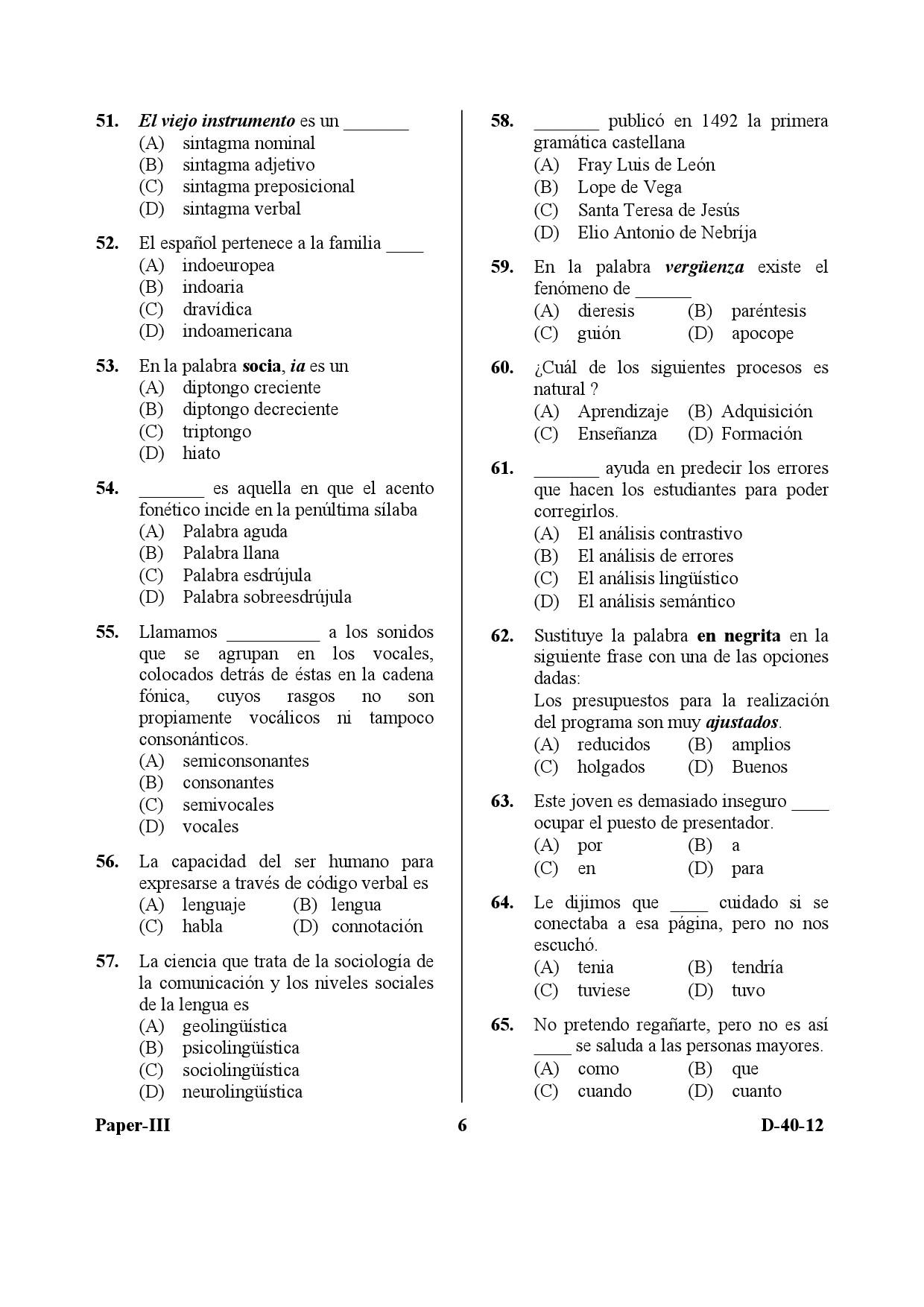 UGC NET Spanish Question Paper III December 2012 6