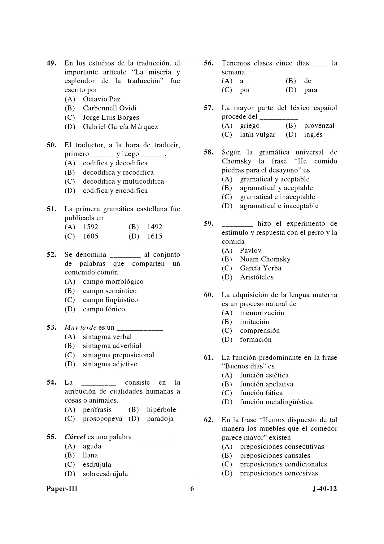 UGC NET Spanish Question Paper III June 2012 6