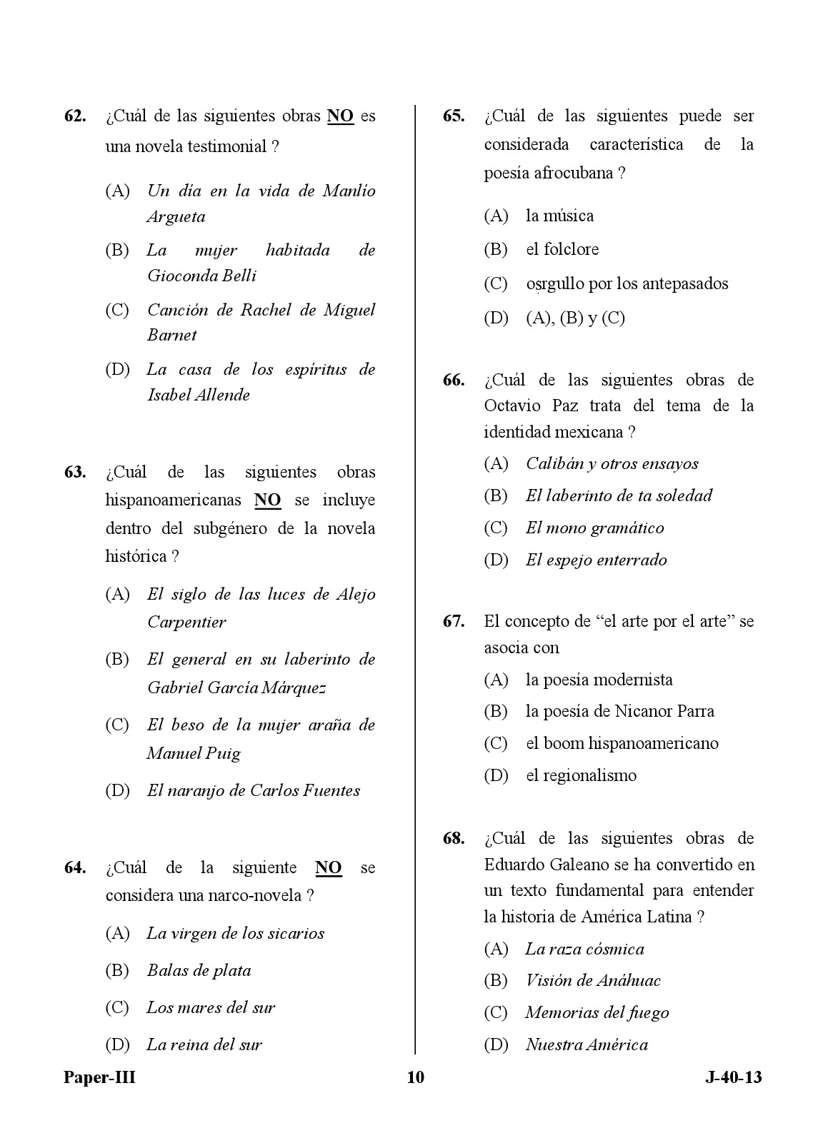 UGC NET Spanish Question Paper III June 2013 10