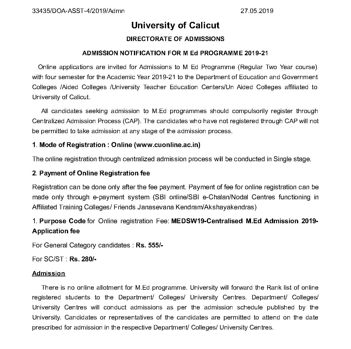 Calicut University Admission Notification For M Ed 2019 21 - Notification Image 1