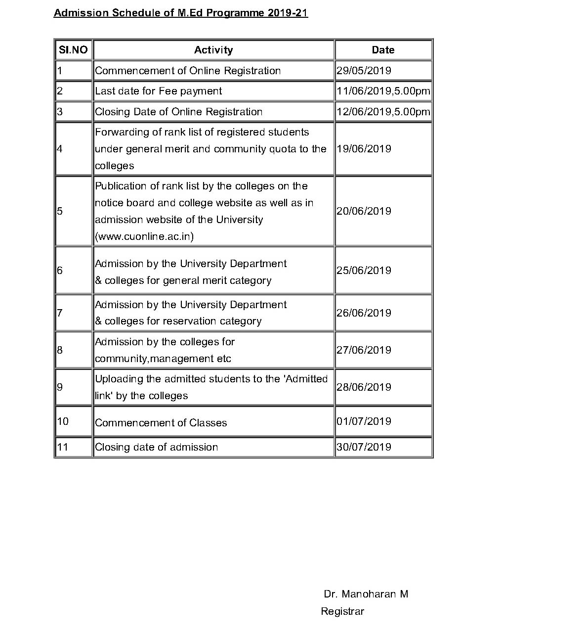 Calicut University Admission Notification For M Ed 2019 21 - Notification Image 2