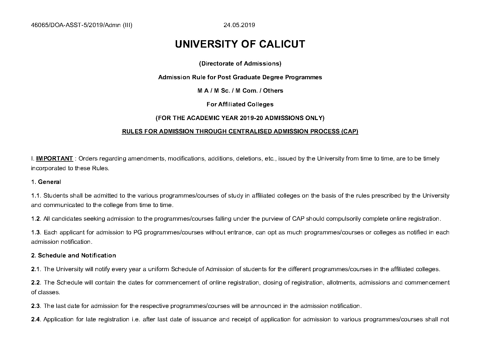 Calicut University Admission Rule for PG Programmes 2019 - Notification Image 1