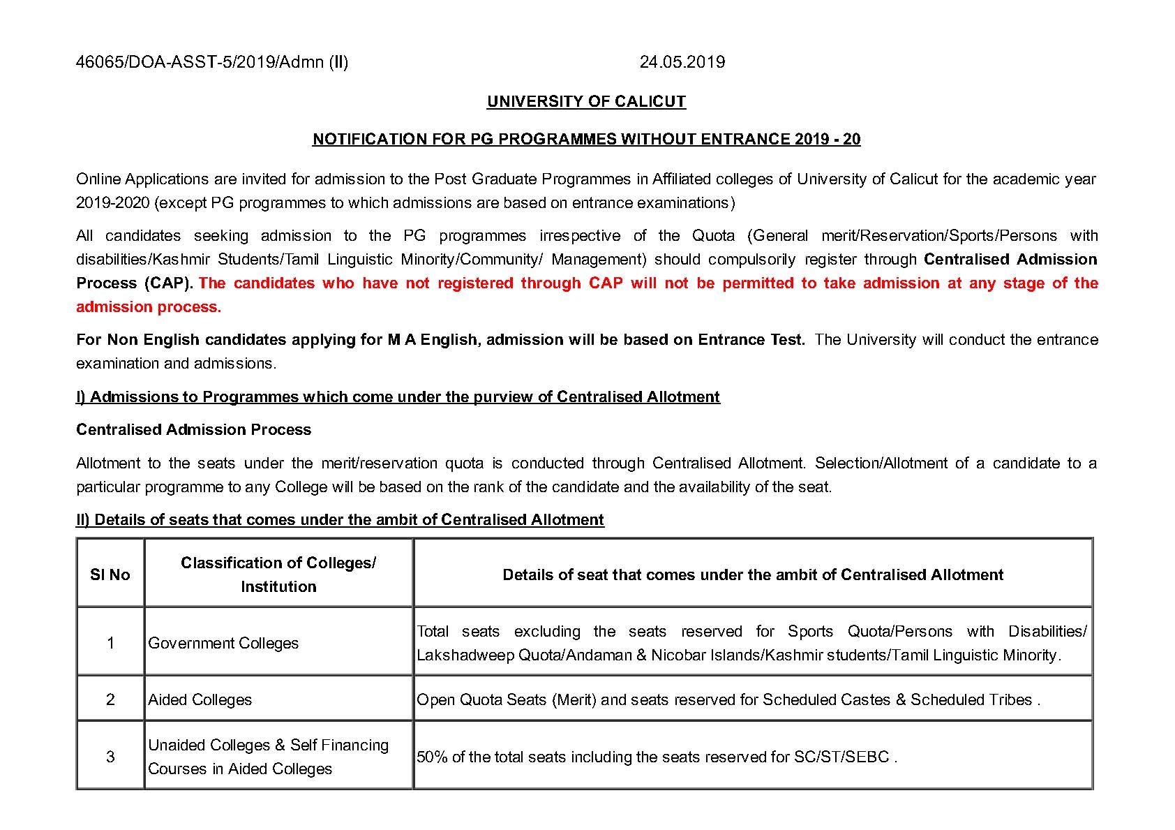 Calicut University Notification For PG Programmes 2019 - Notification Image 1
