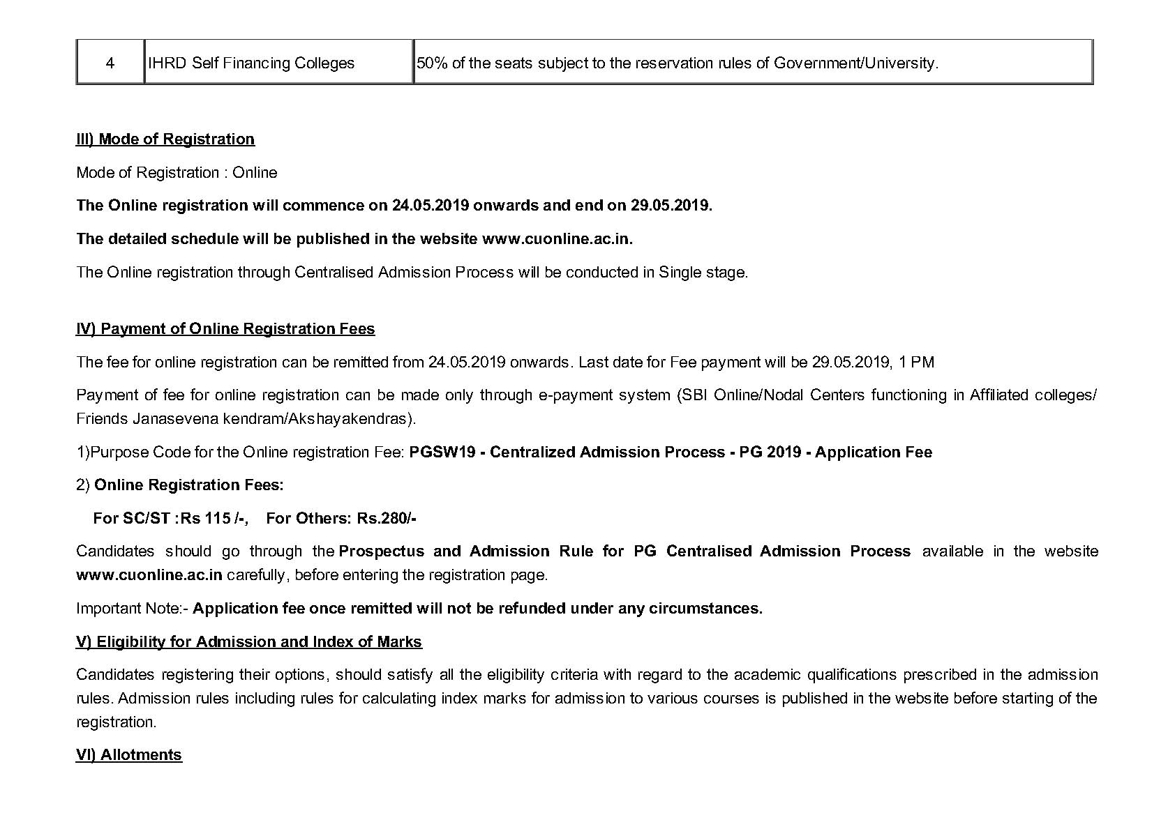 Calicut University Notification For PG Programmes 2019 - Notification Image 2