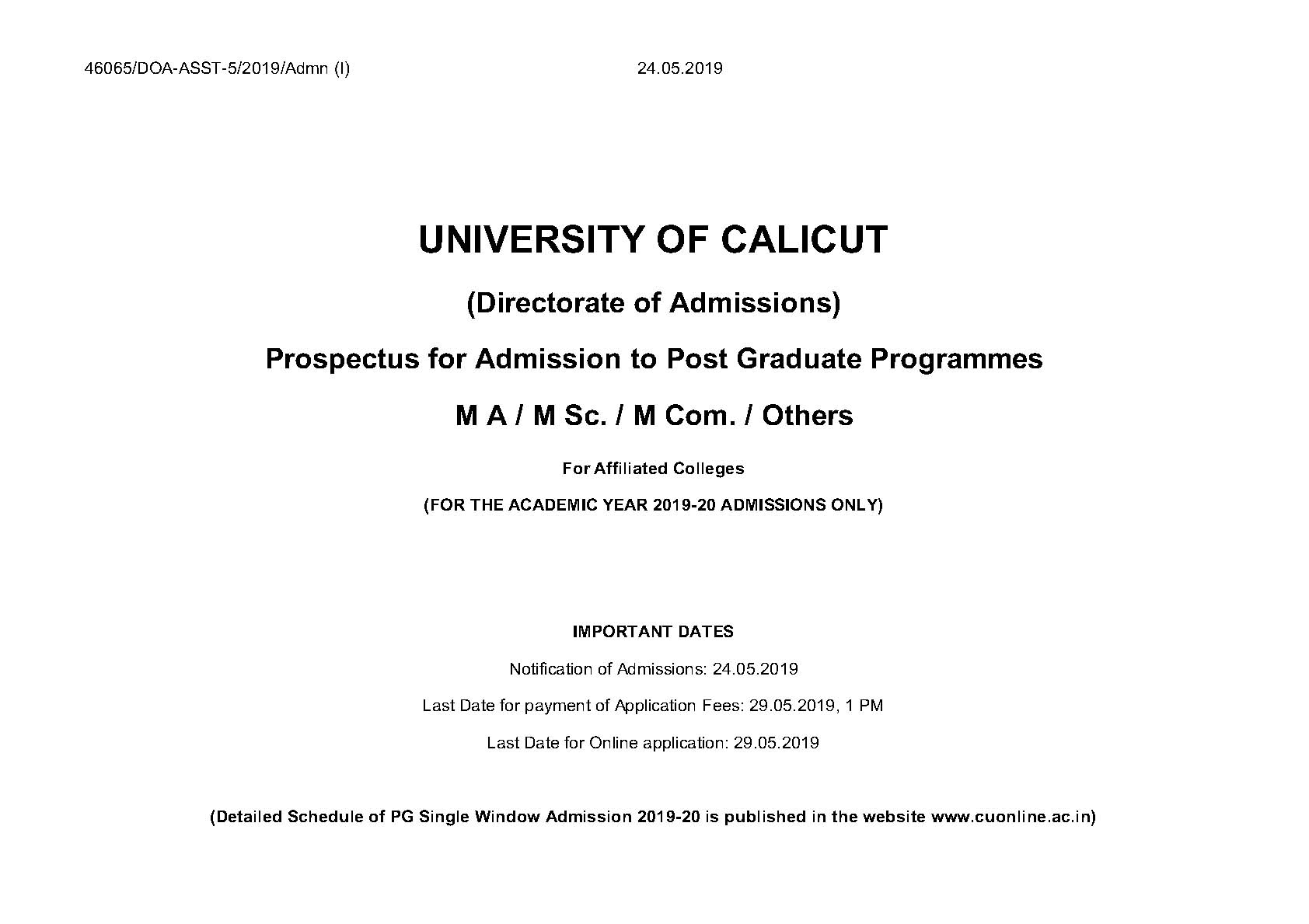 Calicut University Prospectus For PG Programmes Admisison 2019 - Notification Image 1