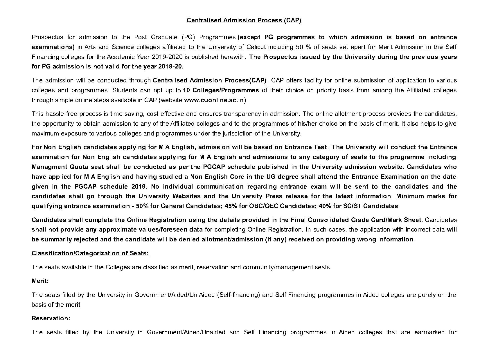 Calicut University Prospectus For PG Programmes Admisison 2019 - Notification Image 2