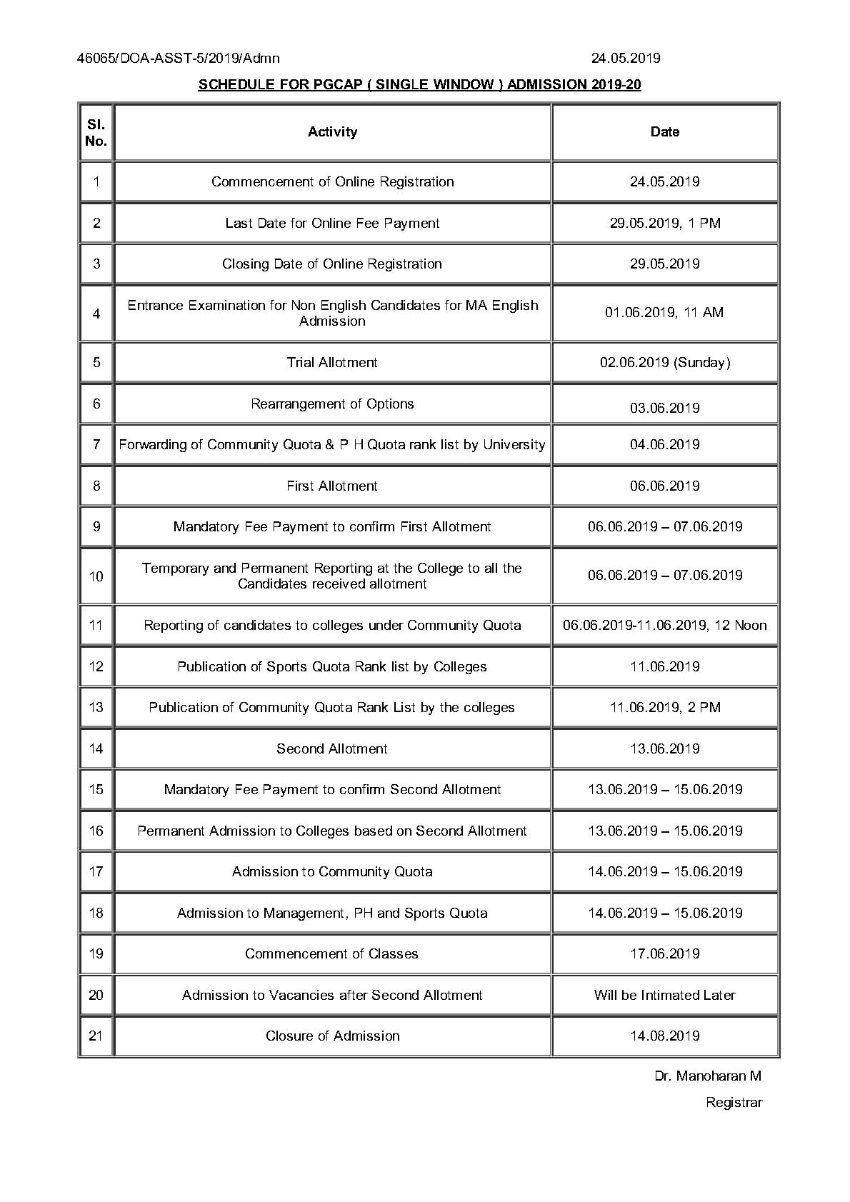 Calicut University Schedule For PG Programmes Admisison 2019 - Notification Image 1