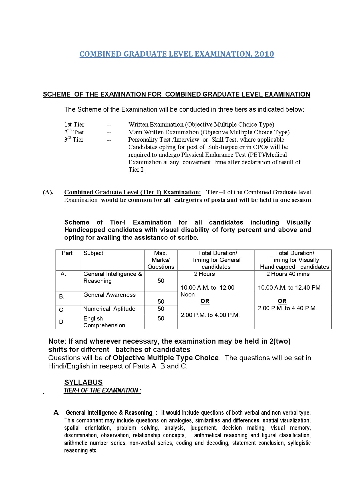 Combined Graduate Level Examination Syllabus 2010 - Notification Image 1