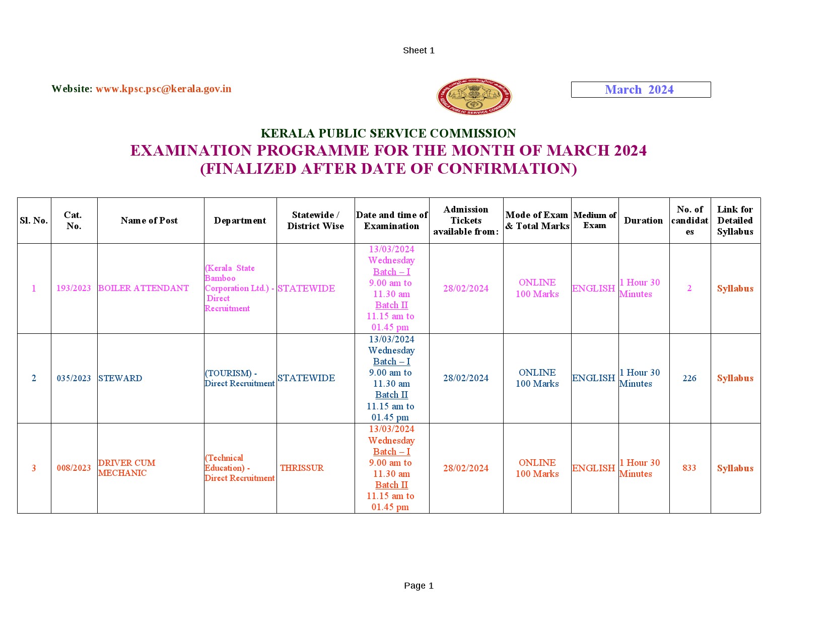 Examination Programme For The Month Of March 2024 - Notification Image 1
