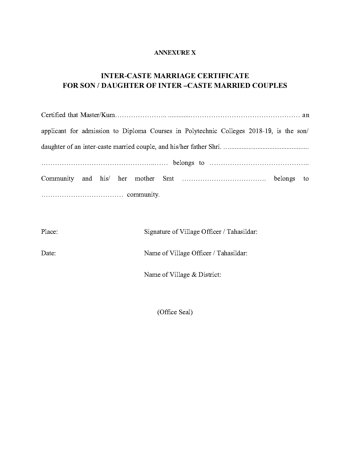 Inter Caste Marriage Certificate for Children of Inter Caste Married Couples - Notification Image 1