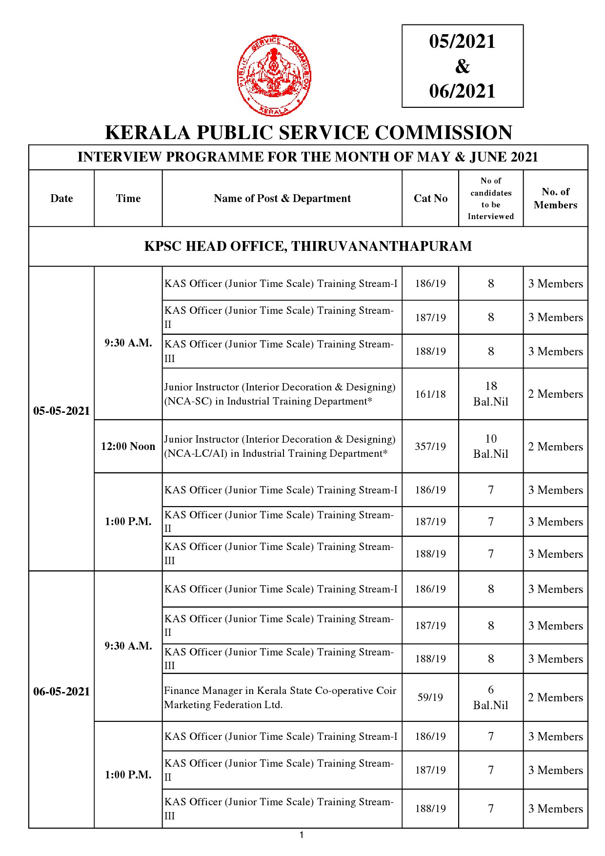 INTERVIEW PROGRAMME FOR THE MONTH OF MAY JUNE 2021 - Notification Image 1