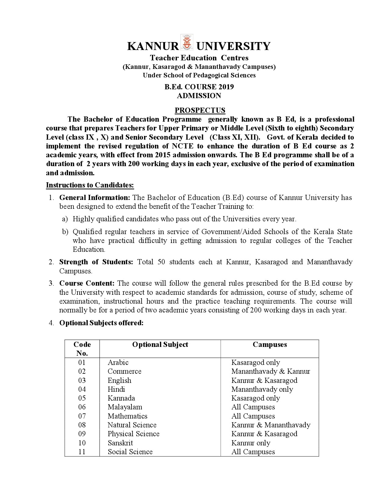 Kannur University B Ed Admission Prospectus 2019 - Notification Image 15