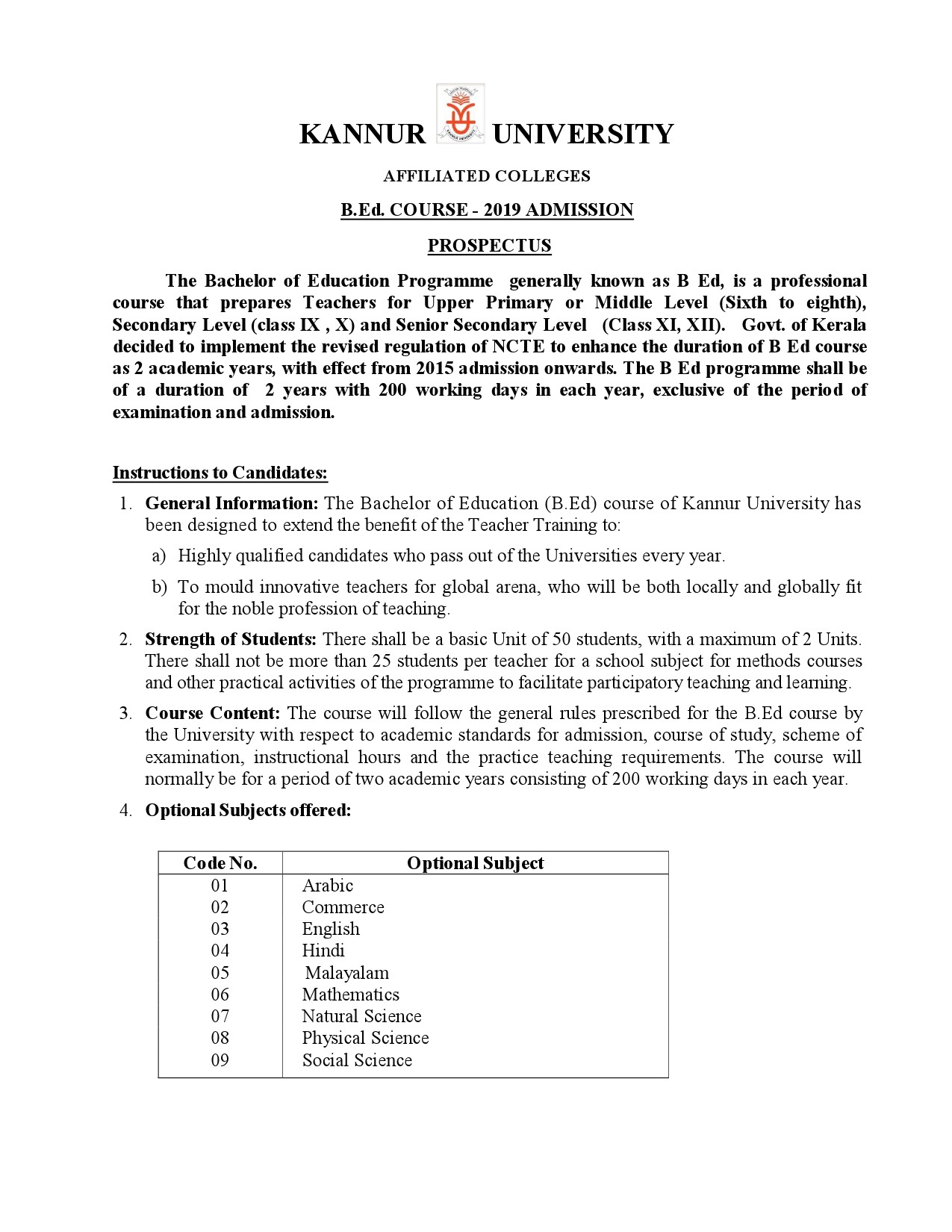 Kannur University B Ed Admission Prospectus 2019 - Notification Image 4