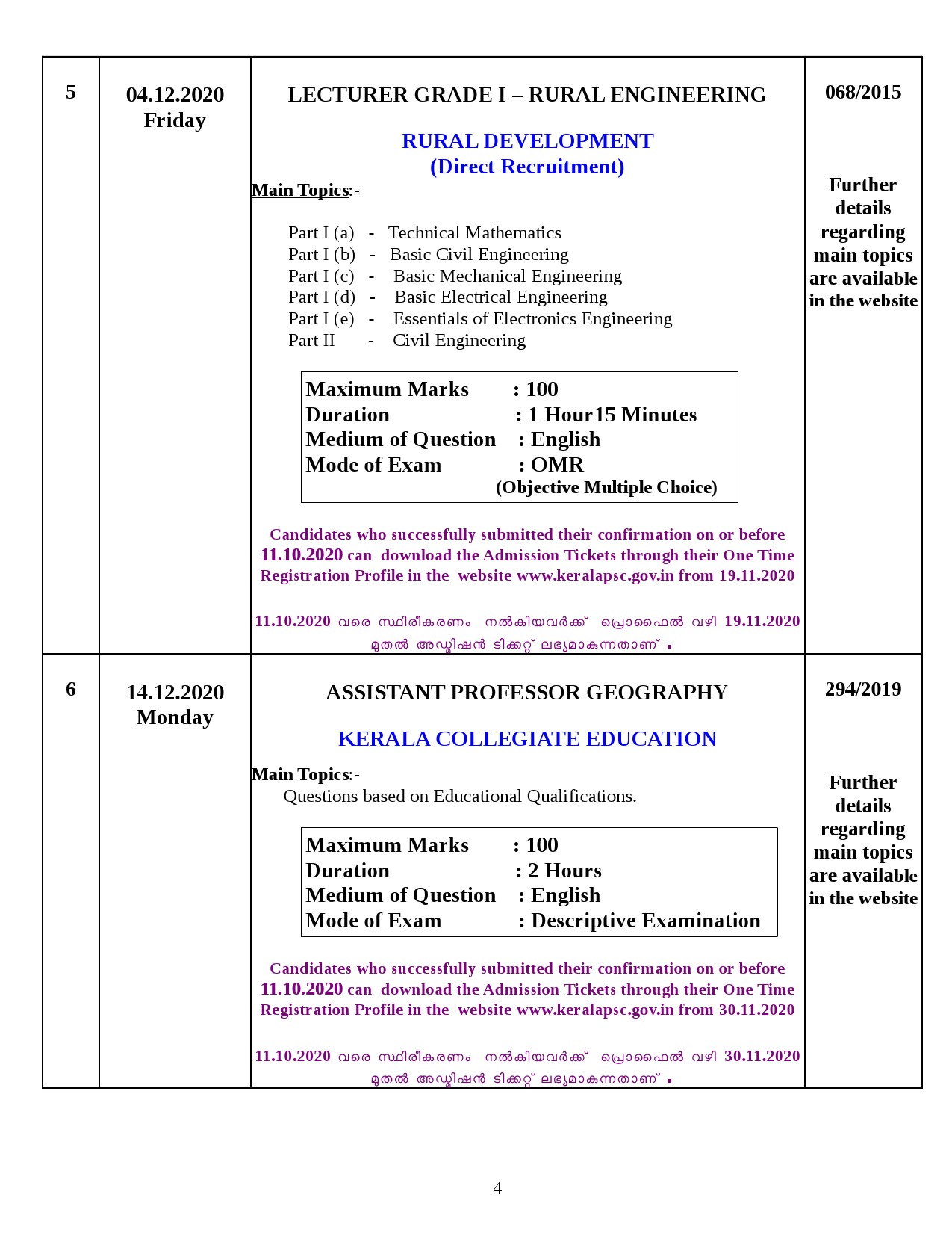 Kerala PSC Exam Calendar for December 2020 - Notification Image 4