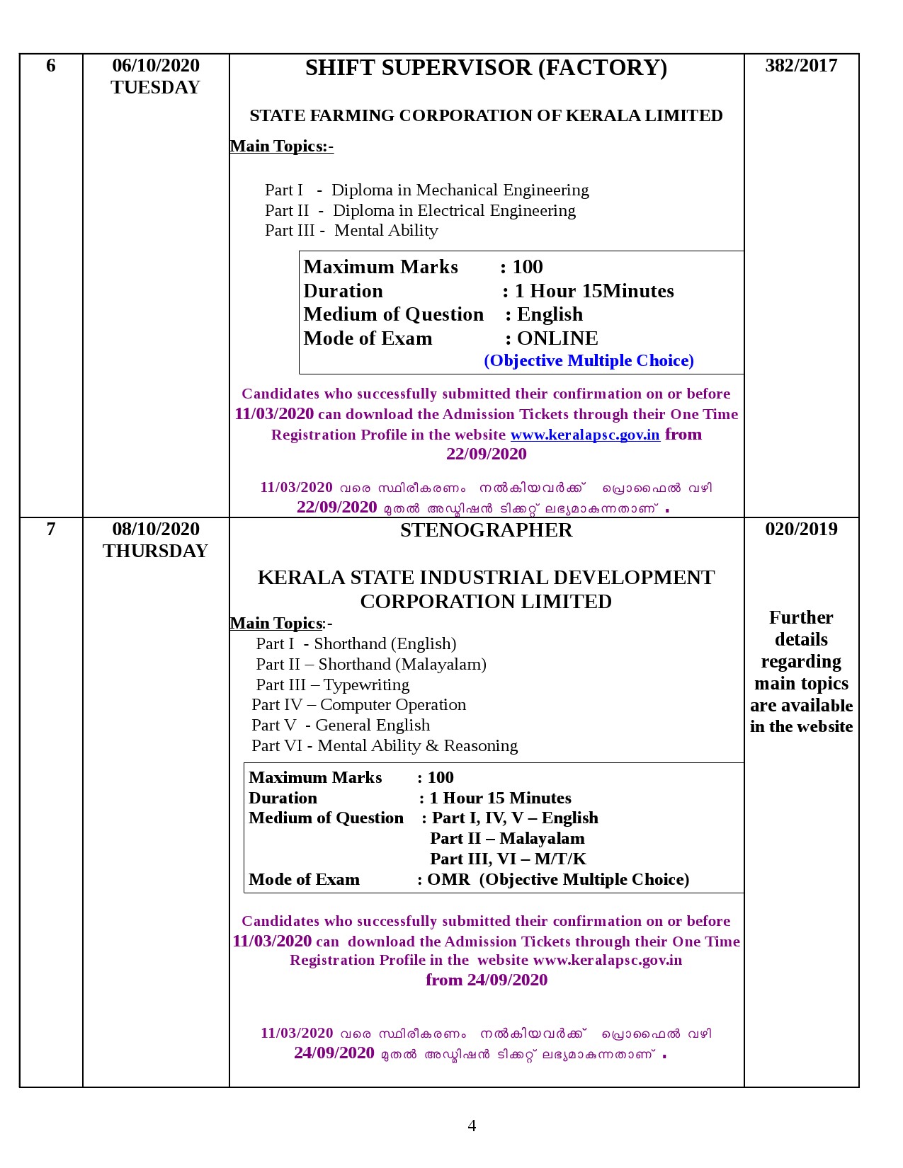 Kerala PSC Exam Calendar October 2020 - Notification Image 4