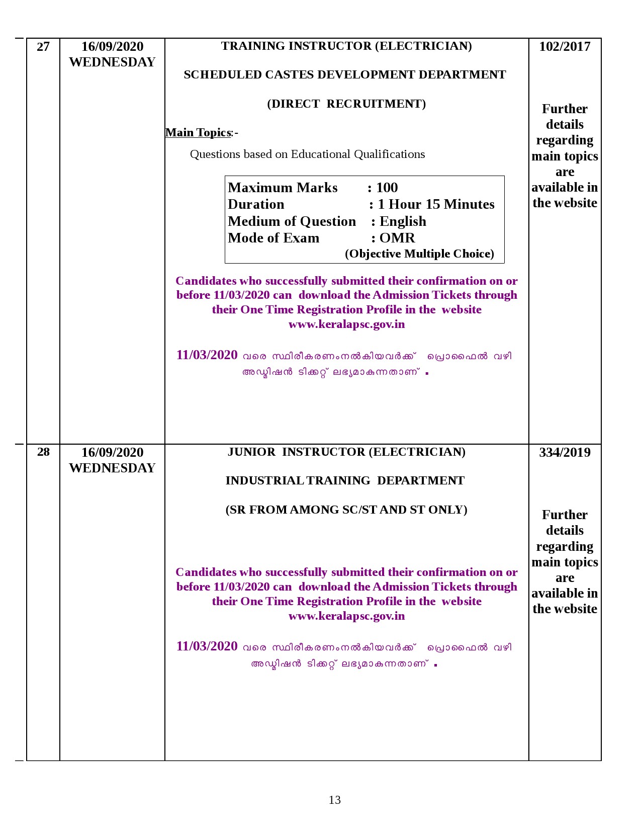 Kerala PSC Exam Calendar September 2020 - Notification Image 13