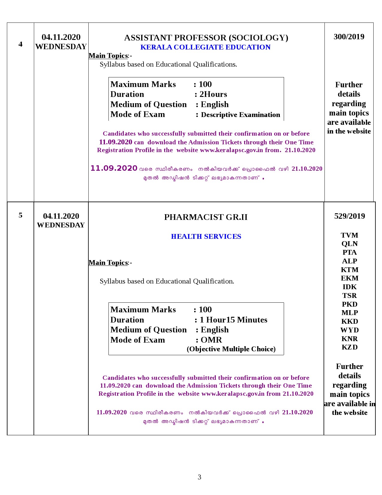 Kerala PSC Final Exam Schedule for November 2020 - Notification Image 3