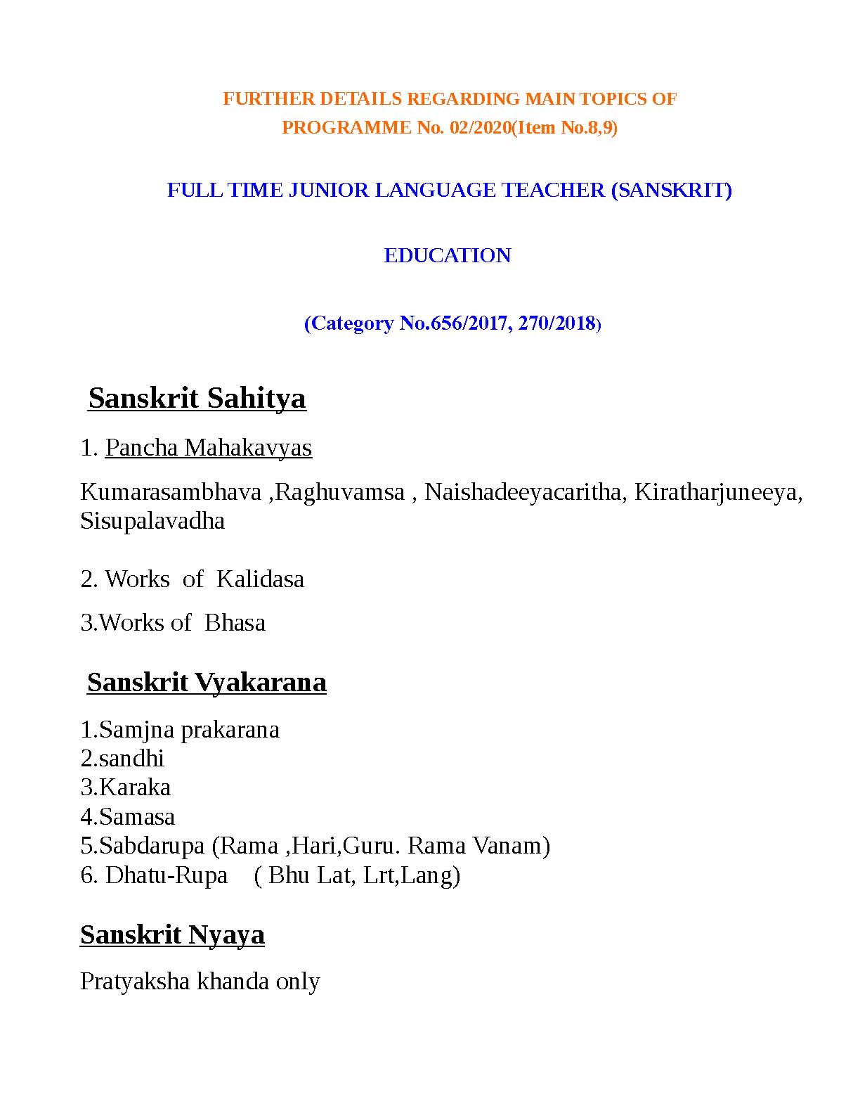 Kerala PSC Full Time Junior Language Teacher Sanskrit Exam Syllabus - Notification Image 1