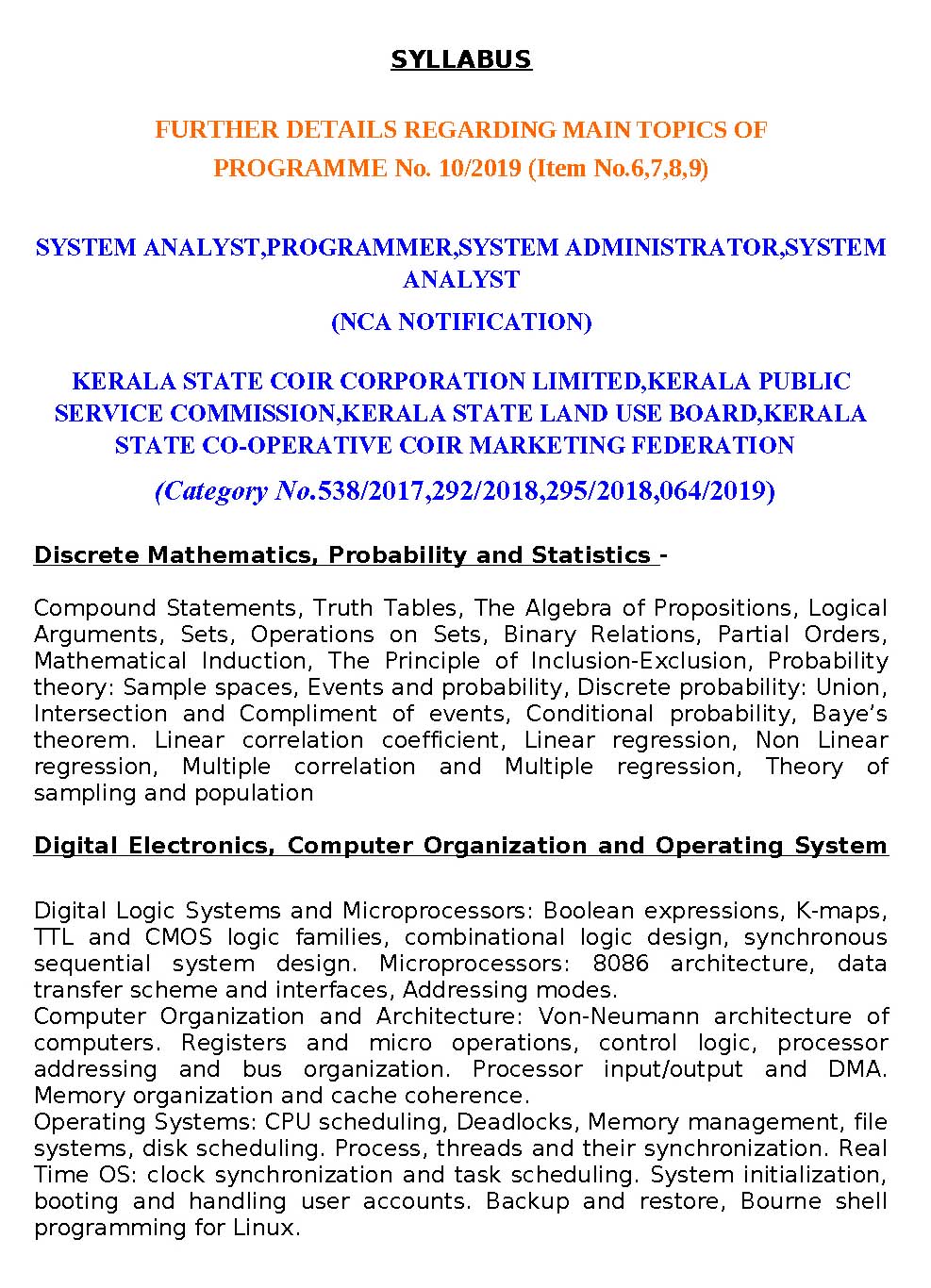 Kerala PSC Syllabus 2019 System Analyst - Notification Image 1