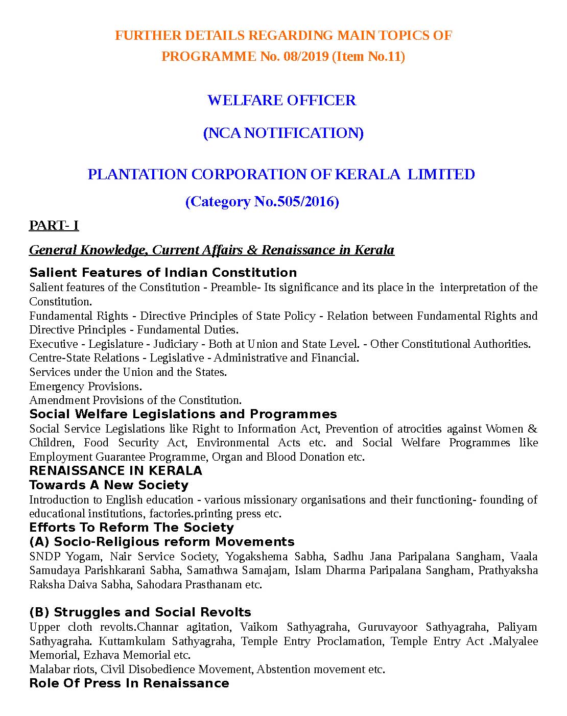 Kerala PSC Syllabus 2019 Welfare Officer - Notification Image 1