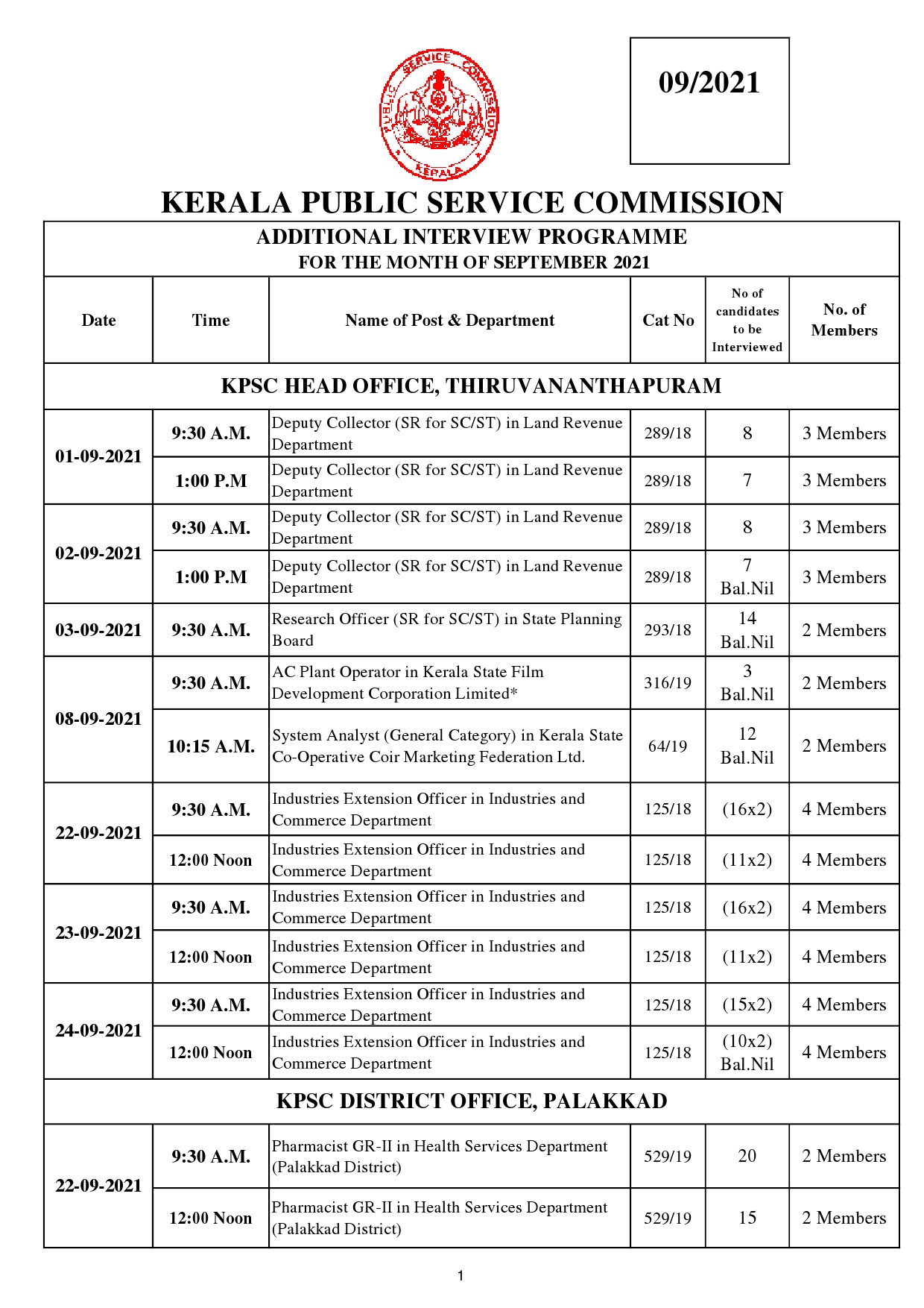 KPSC Additional Interview Programme For September 2021 - Notification Image 1