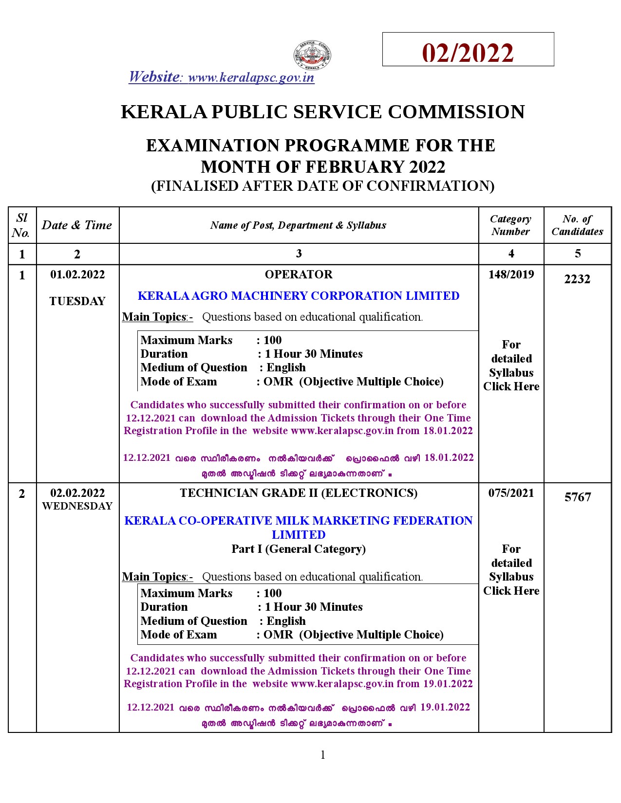 KPSC EXAMINATION PROGRAMME FOR THE MONTH OF FEBRUARY 2022 - Notification Image 1