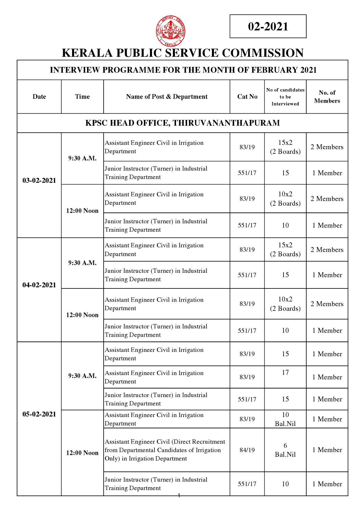 KPSC Interview Programme For The Month Of February 2021 - Notification Image 1