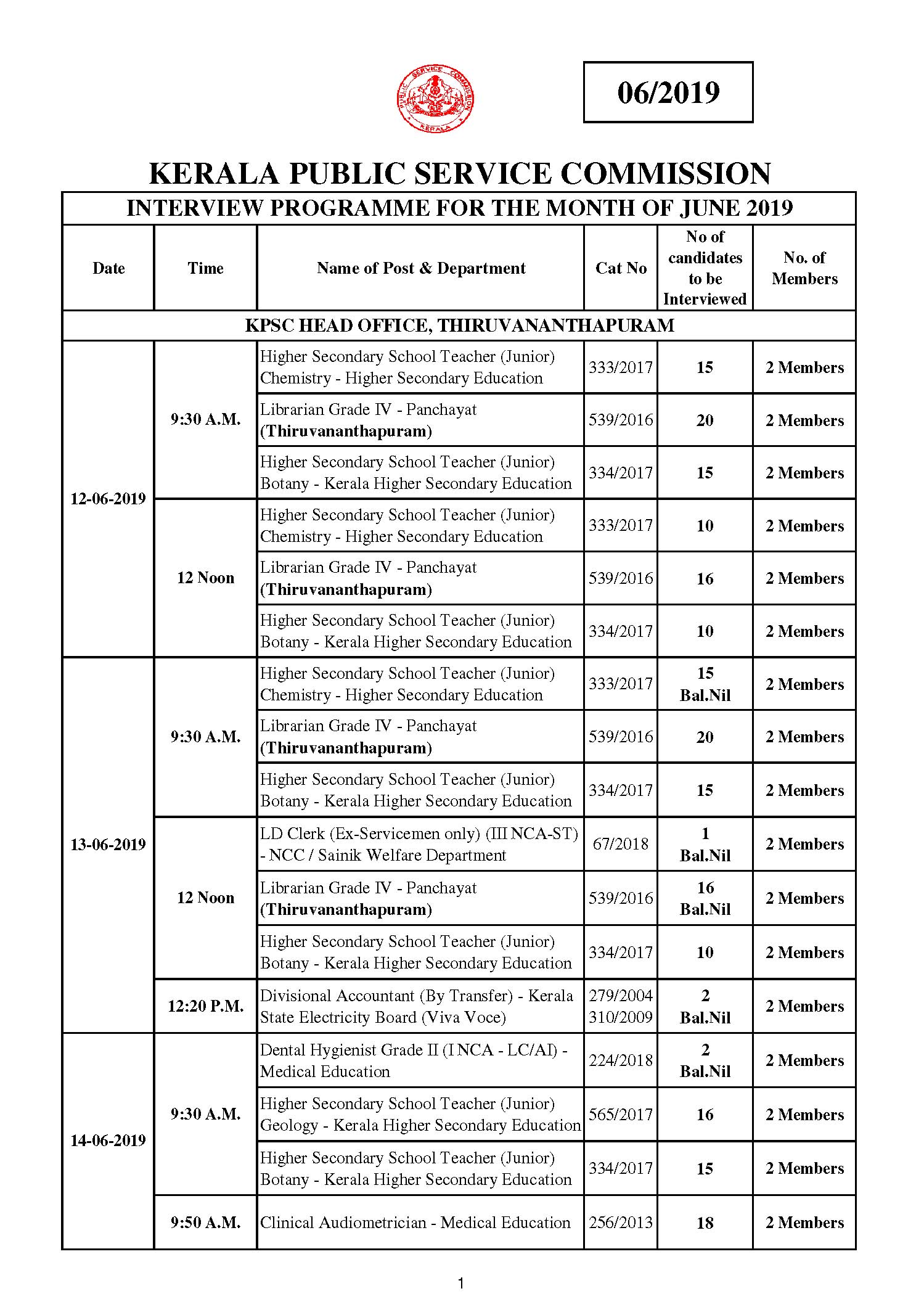 KPSC Interview Programme For The Month Of June 2019 - Notification Image 1