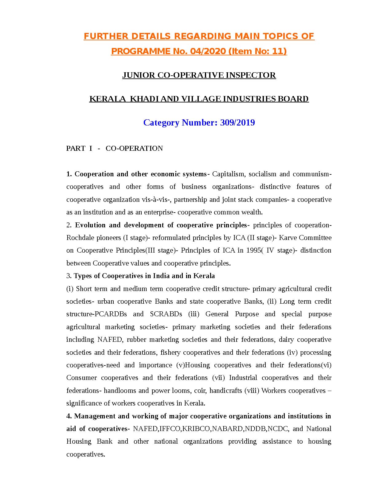 KPSC Junior Co Operative Inspector Exam Syllabus - Notification Image 1