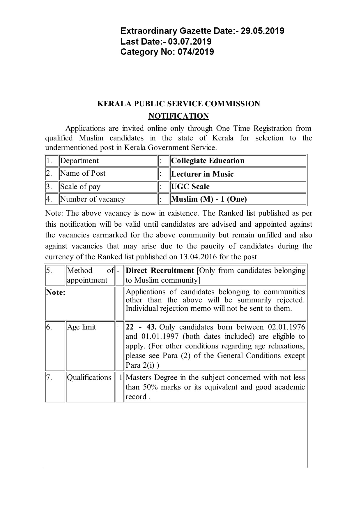 KPSC Lecturer in Lecturer in Music from Muslims - Notification Image 1