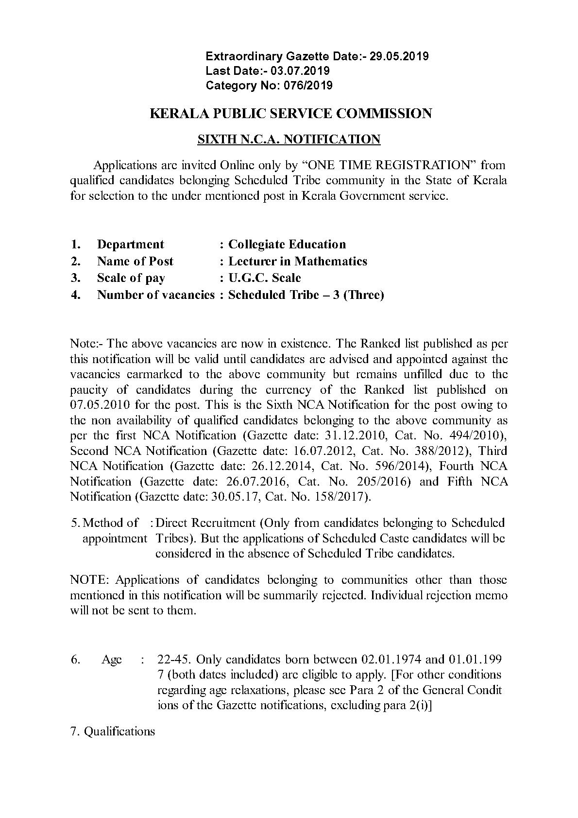 KPSC Lecturer in Mathematics from Scheduled Tribe - Notification Image 1