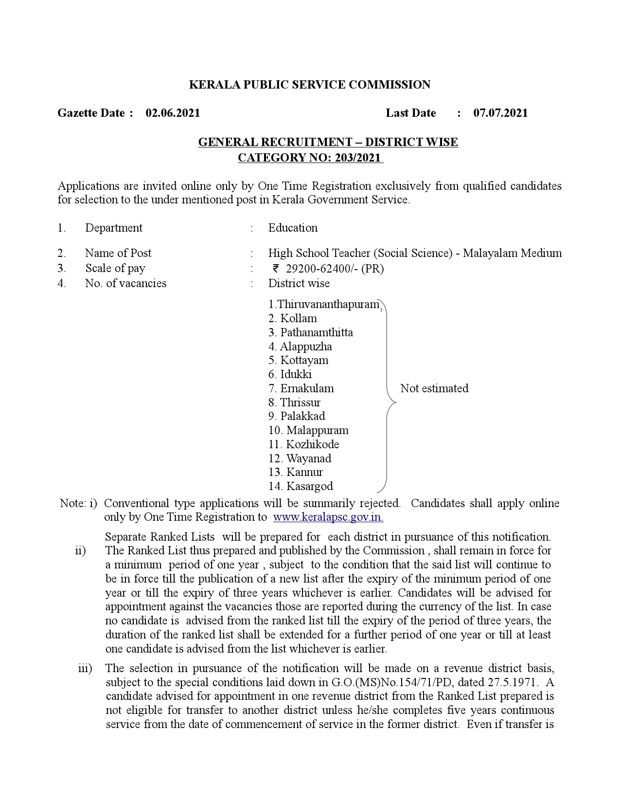 KPSC Notification for High School Teacher Social Science Malayalam Medium - Notification Image 1