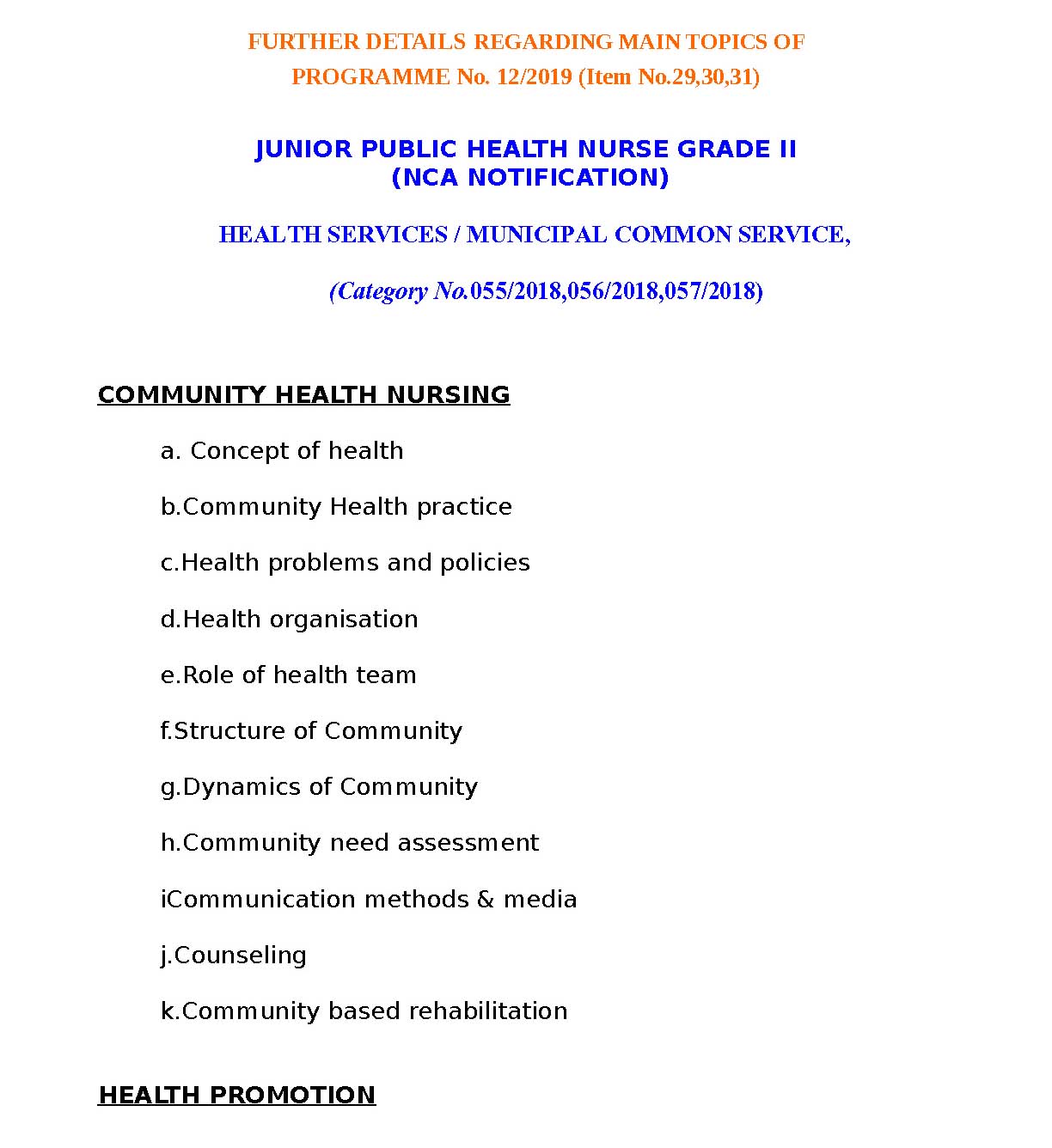 KPSC Syllabus for Junior Public Health Nurse Grade II Exam 2019 - Notification Image 1