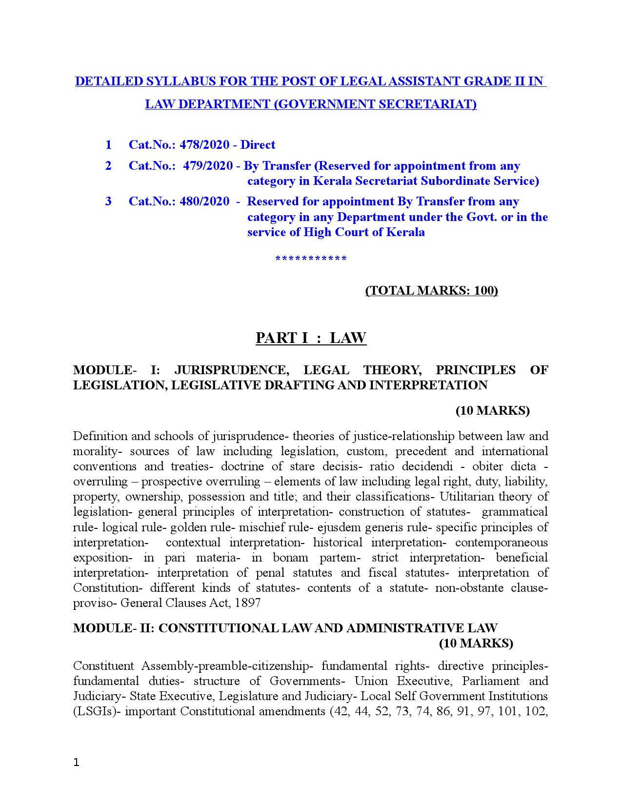 KPSC SYLLABUS FOR LEGAL ASSISTANT GRADE II IN LAW DEPARTMENT - Notification Image 1