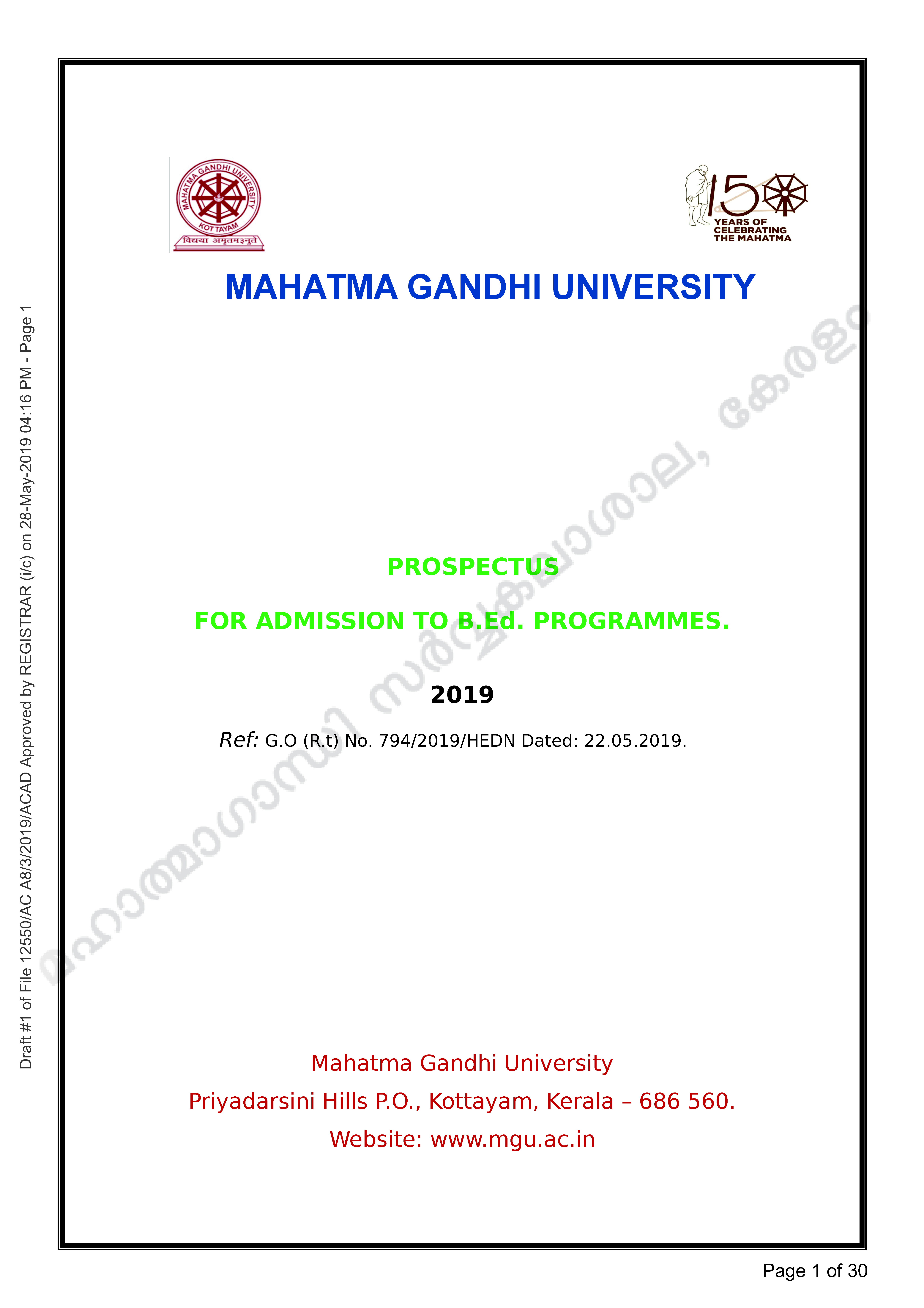 MG University B Ed Prospectus and Application form 2019 2020 - Notification Image 1