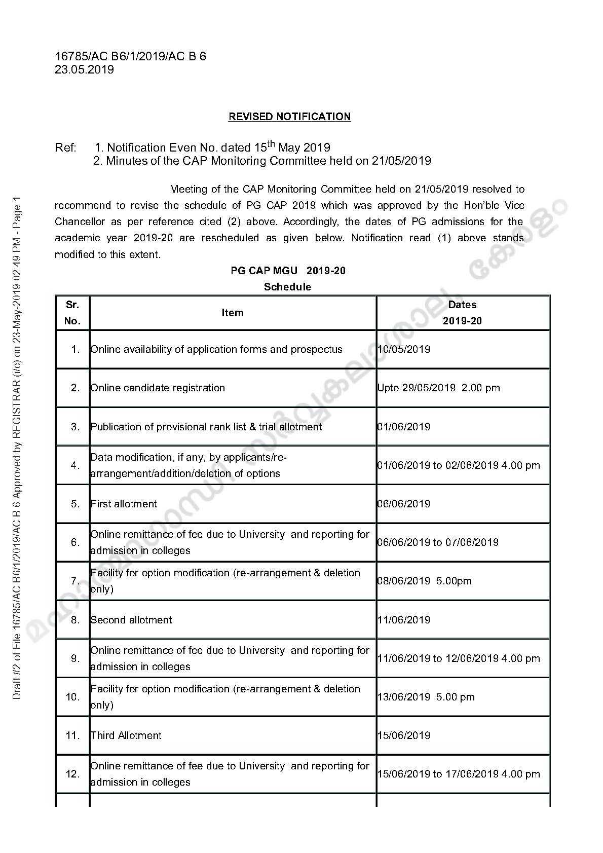 MG University Kerala Admission Schedule 2019 2020 - Notification Image 1