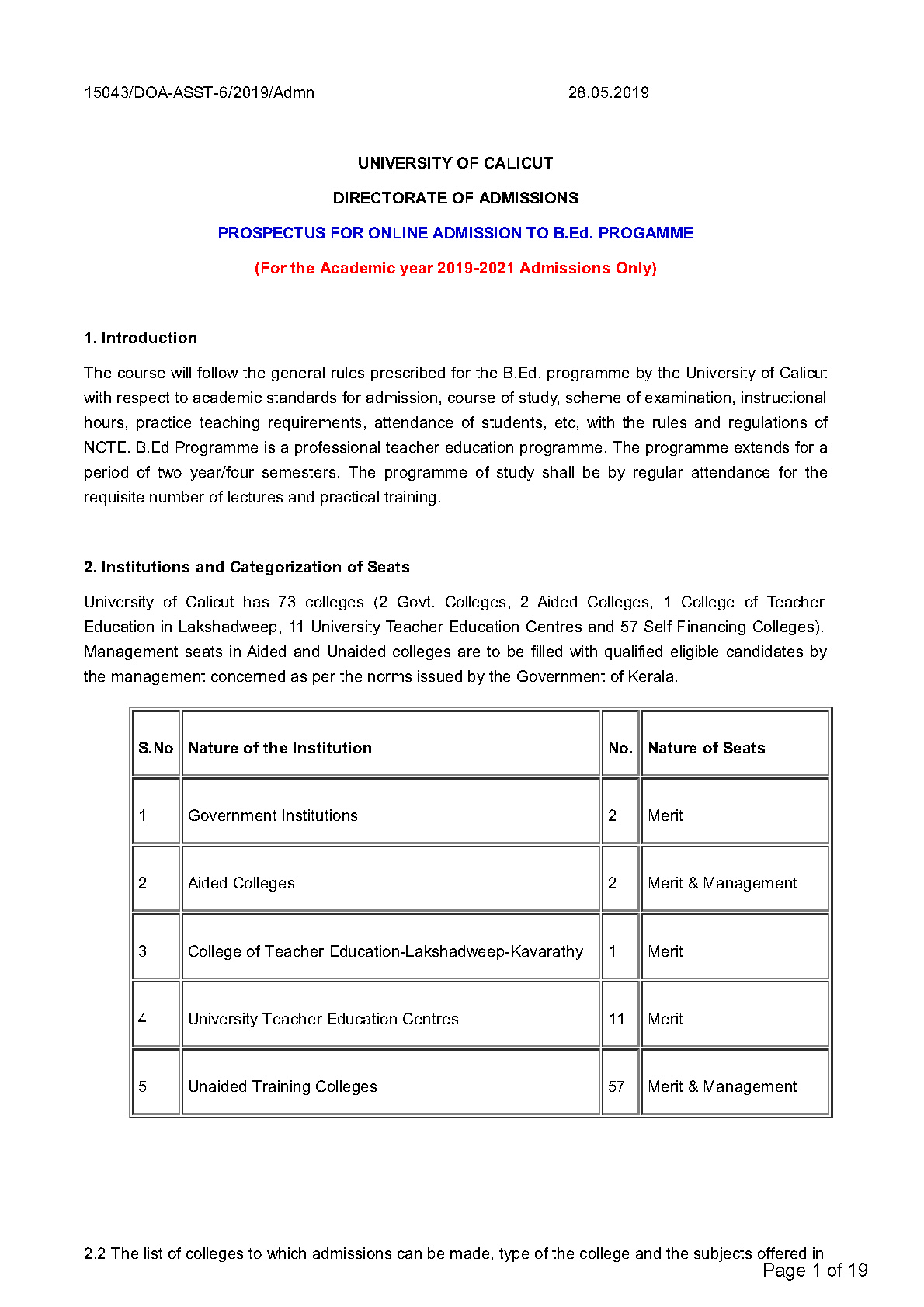 Prospectus For Online Admission To B Ed Progamme 2019 2021 - Notification Image 1