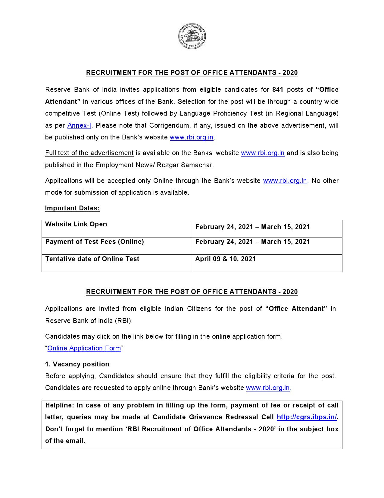 RECRUITMENT FOR THE POST OF OFFICE ATTENDANTS 2020 - Notification Image 1