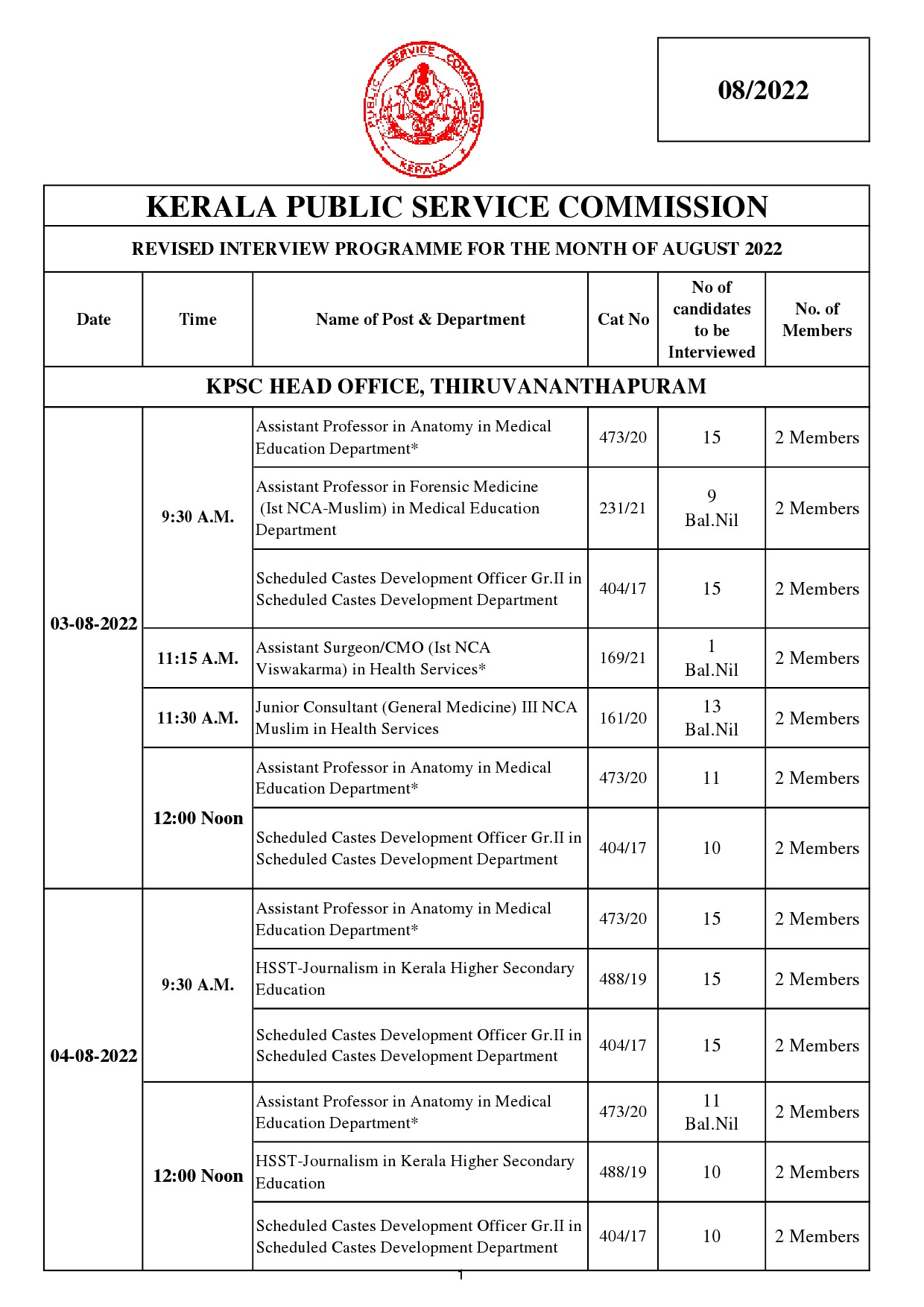 Revised Interview Programme For The Month Of August 2022 - Notification Image 1