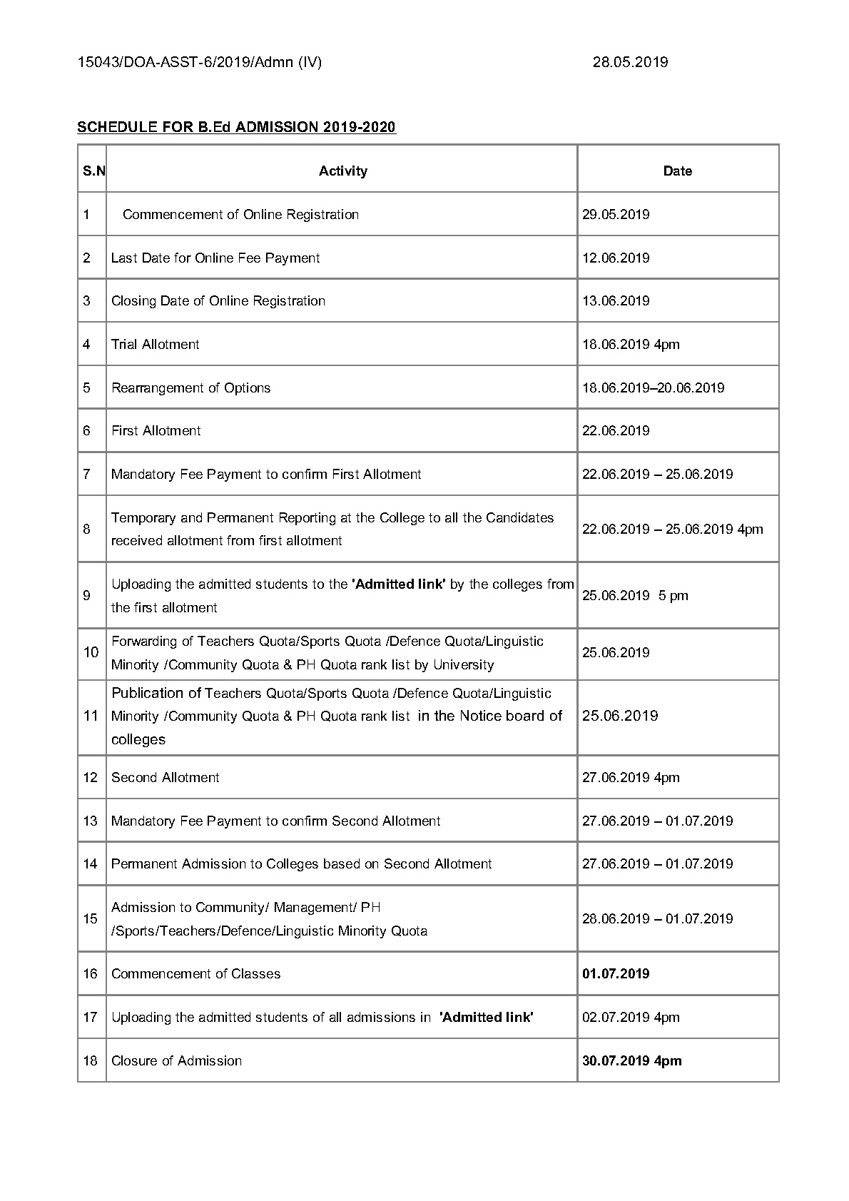 Schedule For B Ed Admission 2019 2020 - Notification Image 1